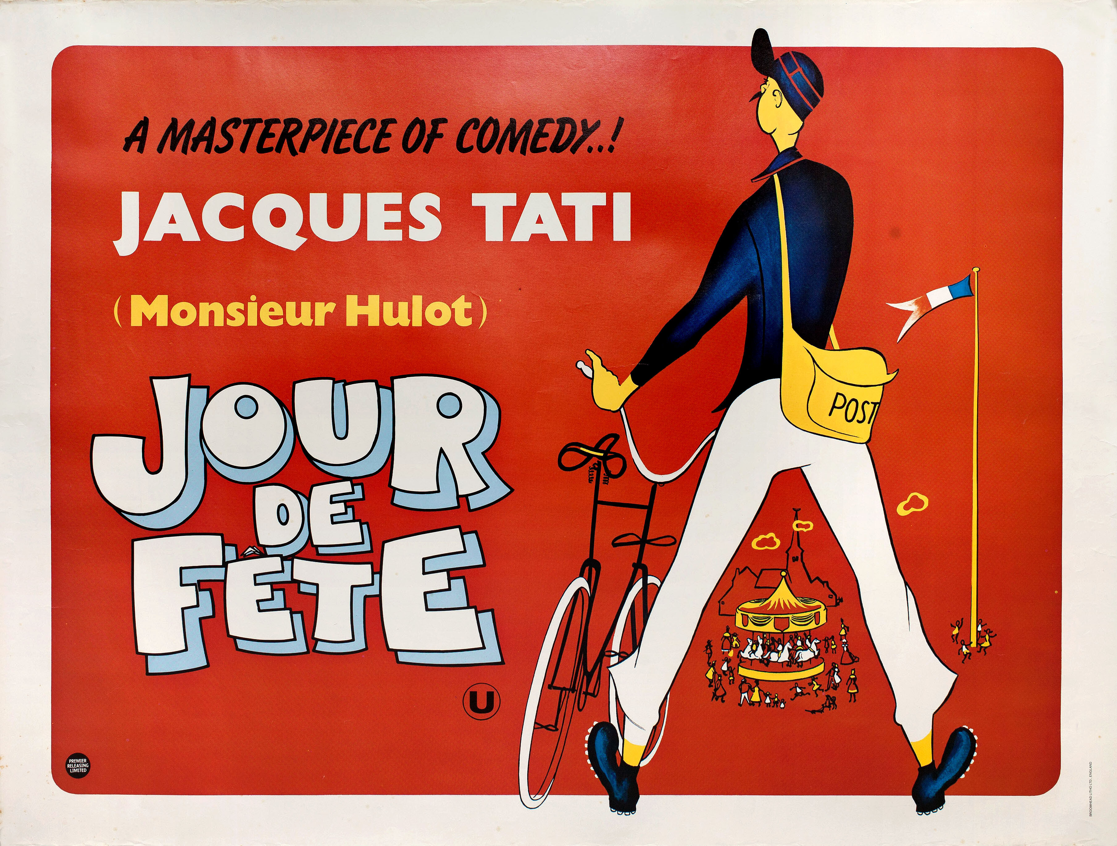 Праздничный день (Jour de fete, 1949), режиссёр Жак Тати, иллюстрированный постер к фильму (Британия, 1970 год)