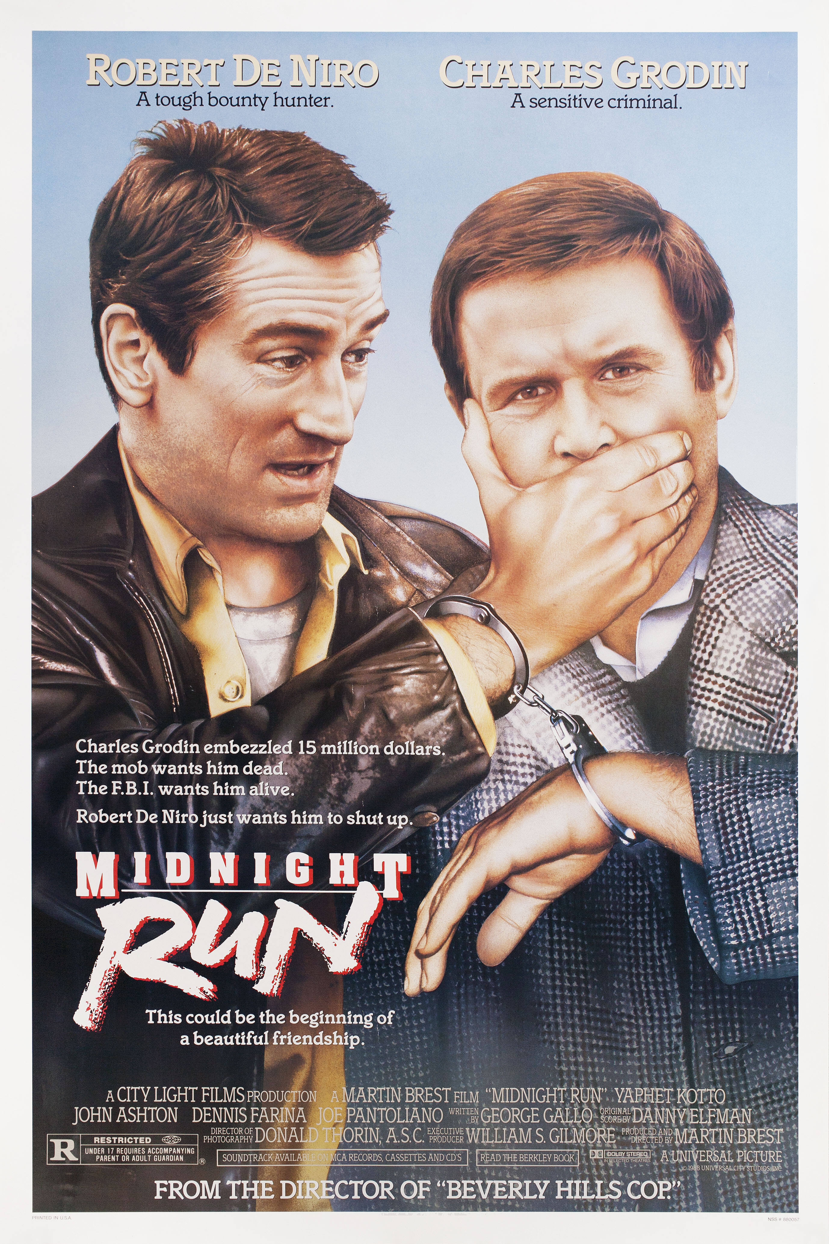 Успеть до полуночи (Midnight Run, 1988), режиссёр Мартин Брест, иллюстрированный постер к фильму (США, 1988 год)