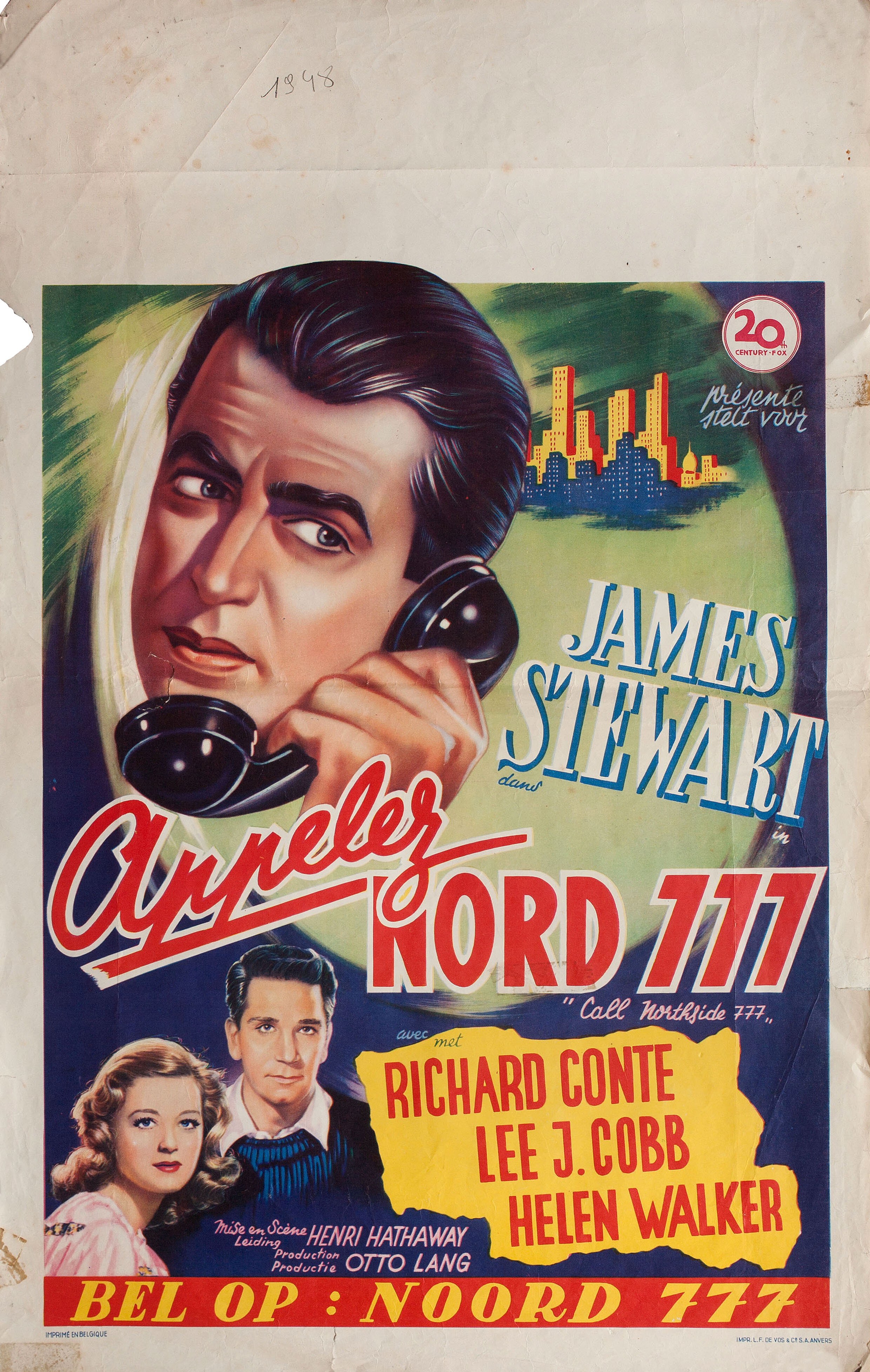 Звонить Нортсайд 777. (Call Northside 777, 1948), режиссёр Генри Хэтэуэй, художественный постер к фильму (Бельгия, 1948 год)