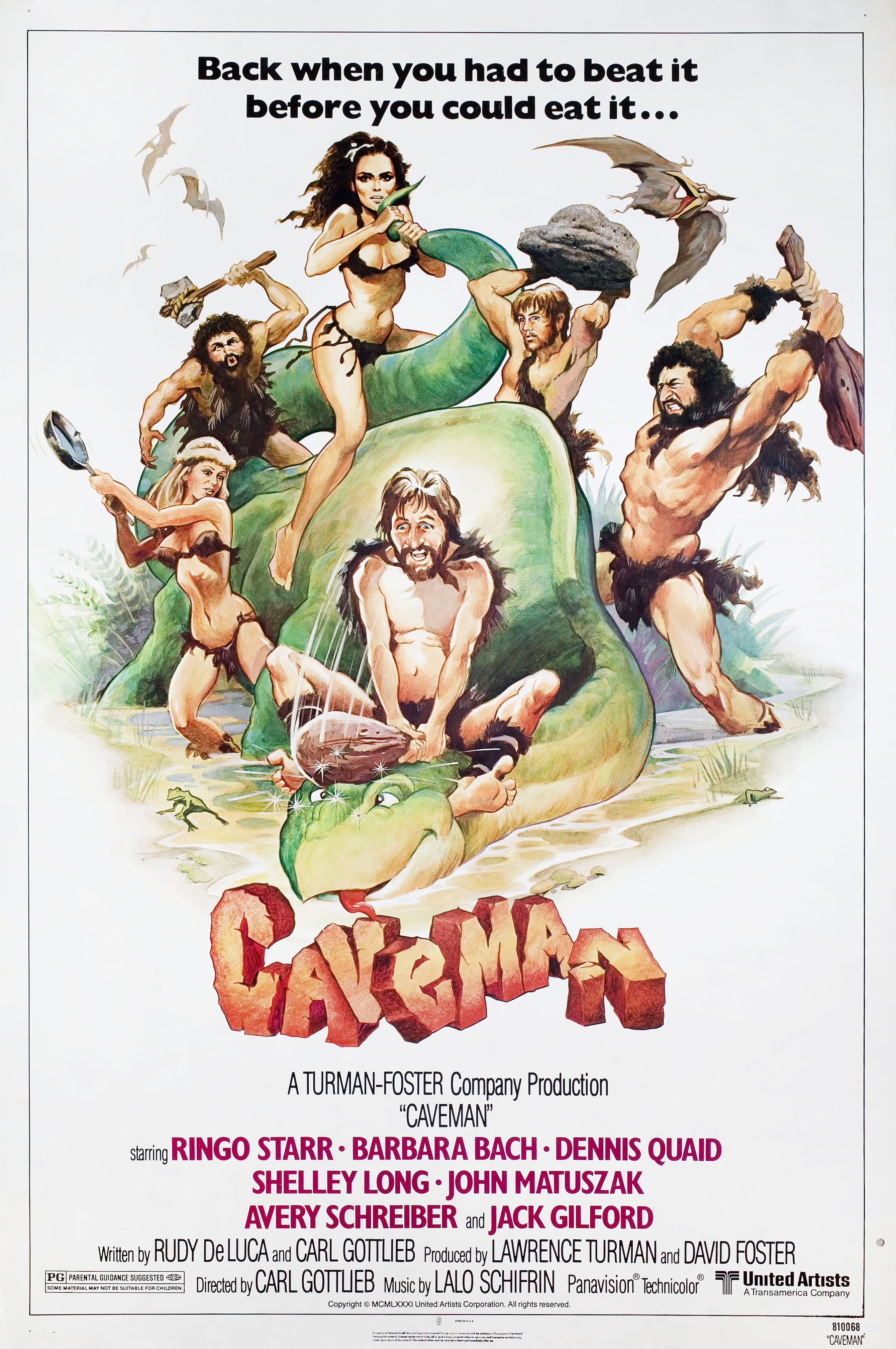 Пещерный человек (Caveman, 1981), режиссёр Карл Готлиб, иллюстрированный постер к фильму (США, 1981 год), автор Майкл Хобсон