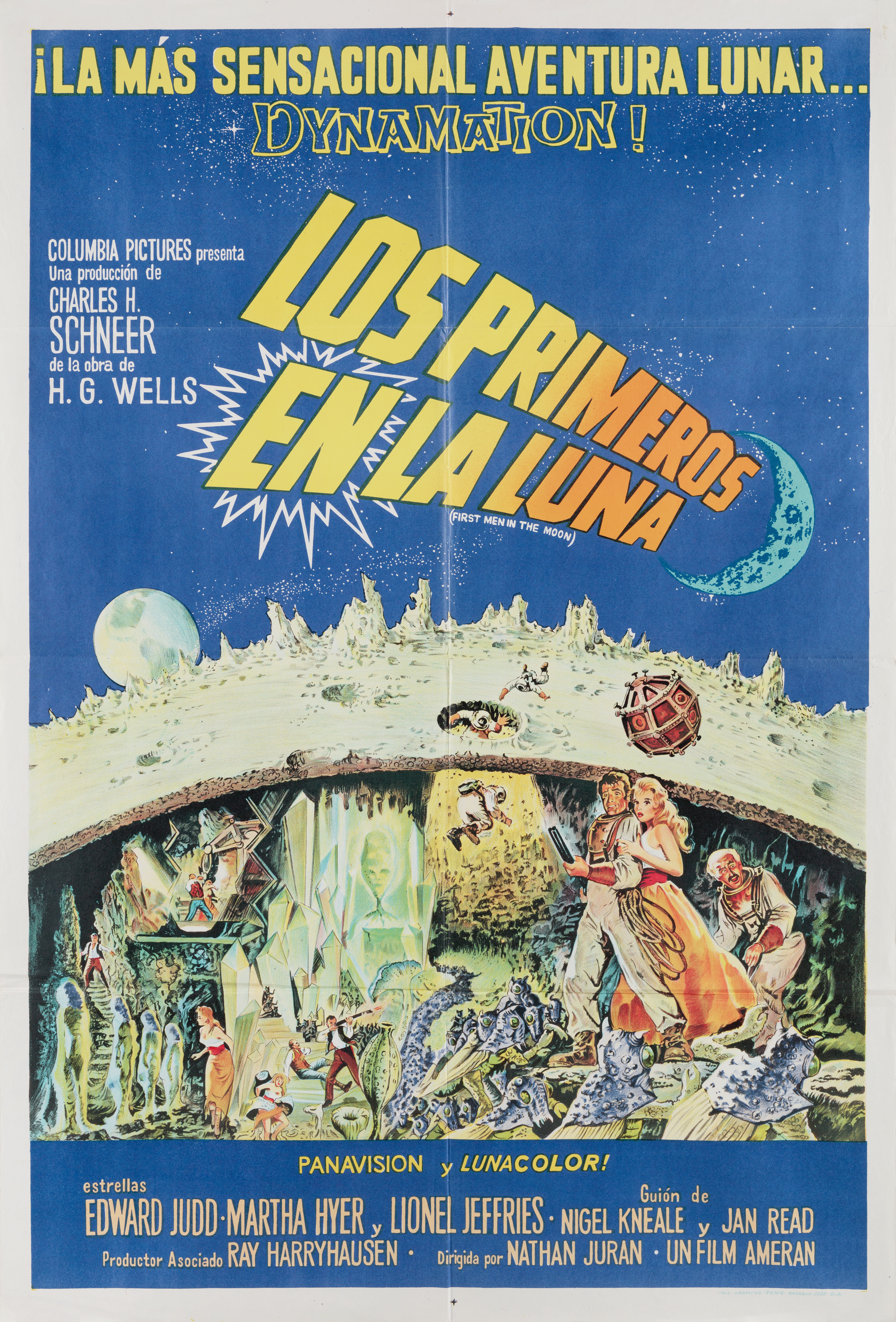 Первые люди на Луне (First Men in the Moon, 1964), режиссёр Натан Джуран, иллюстрированный постер к фильму (Аргентина, 1964 год)