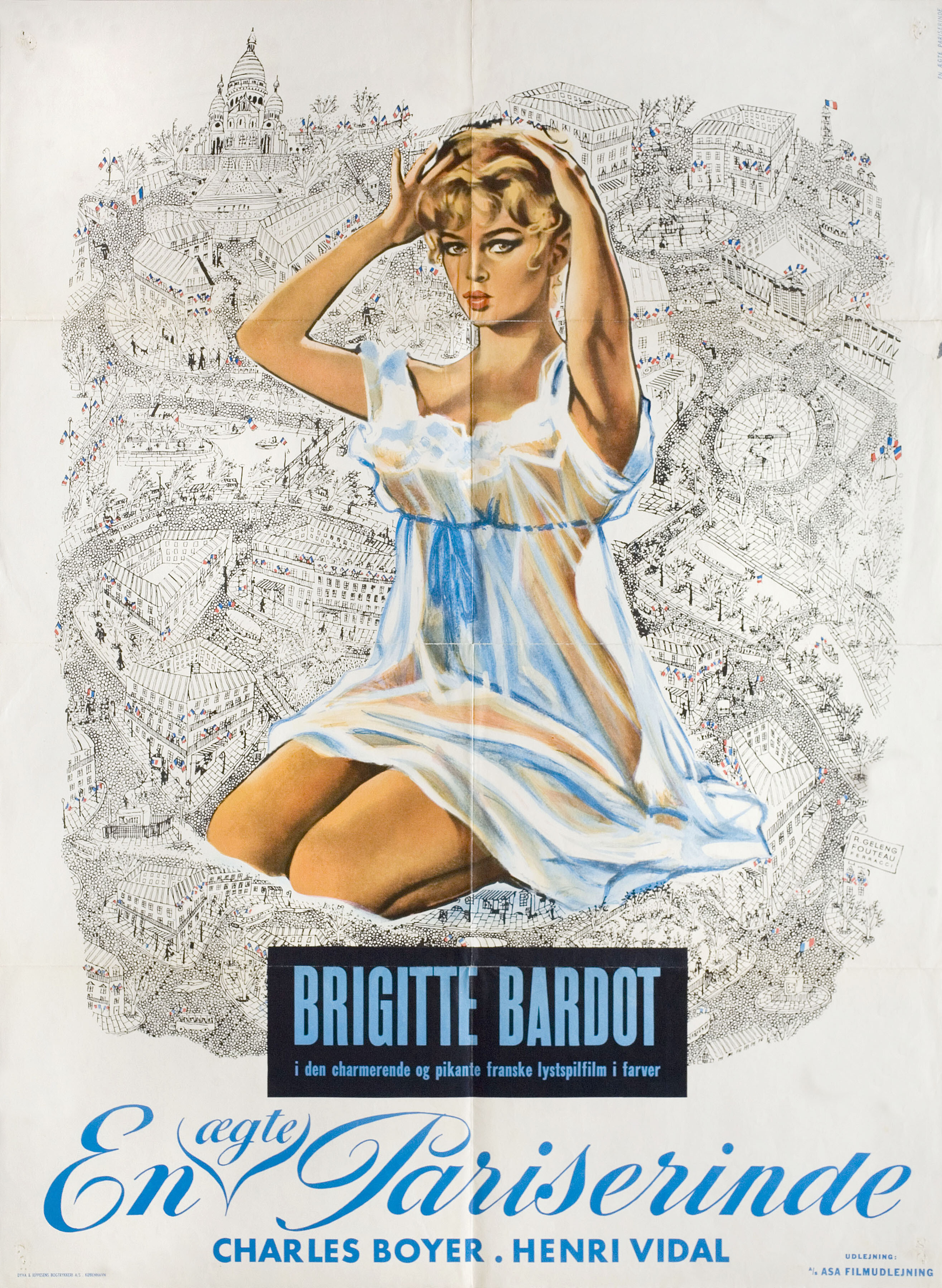 Парижанка (Une parisienne, 1957), режиссёр Мишель Буасрон, иллюстрированный постер к фильму (Дания, 1958 год)