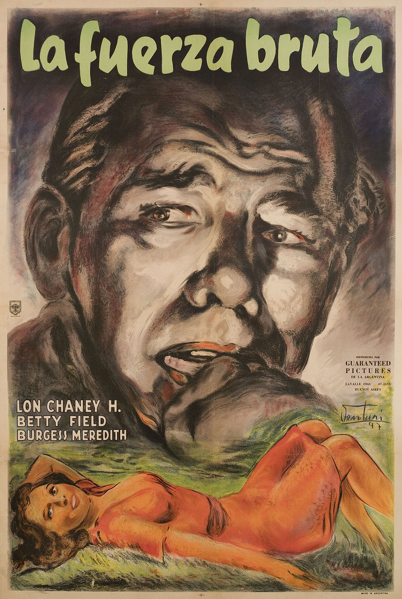 О мышах и людях (Of Mice and Men, 1939), режиссёр Льюис Майлстоун, художественный постер к фильму (Аргентина, 1947 год), автор Освальдо Вентури