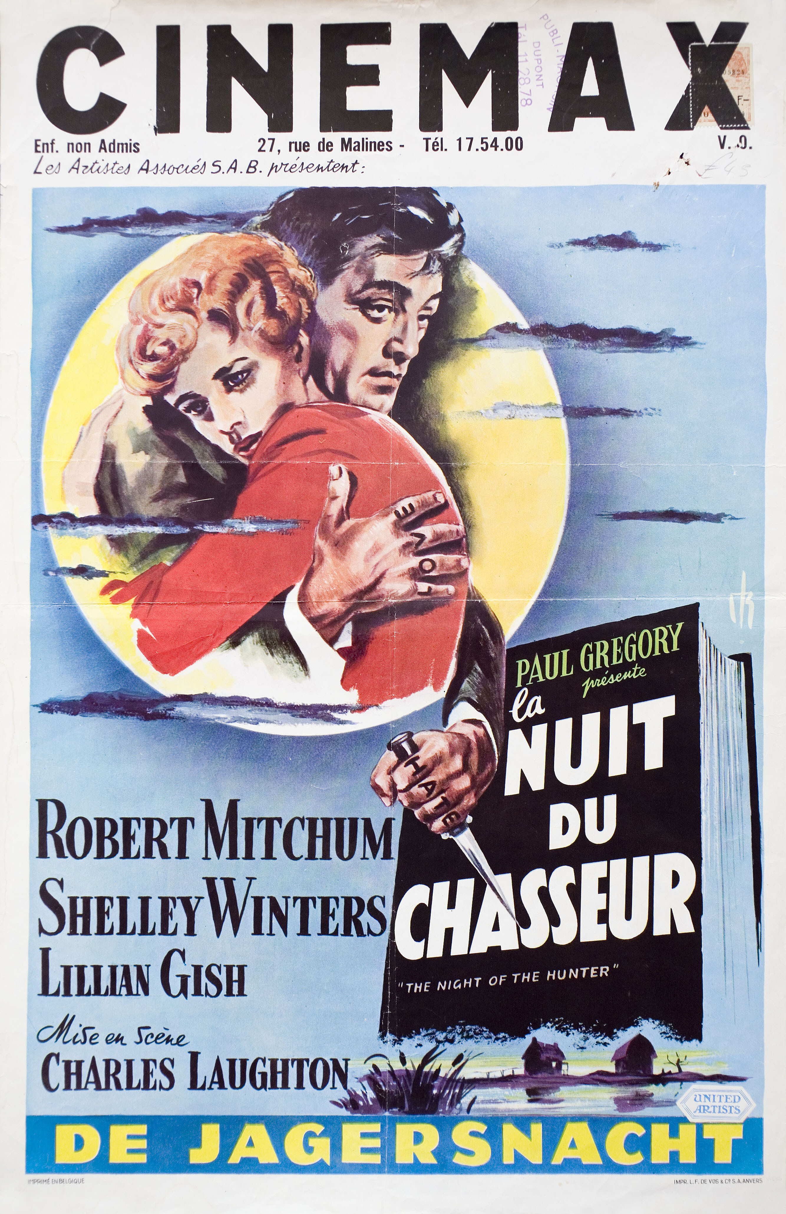 Ночь Охотника (The Night of the Hunter, 1955), режиссёр Чарльз Лотон, художественный постер к фильму (Бельгия, 1955 год)