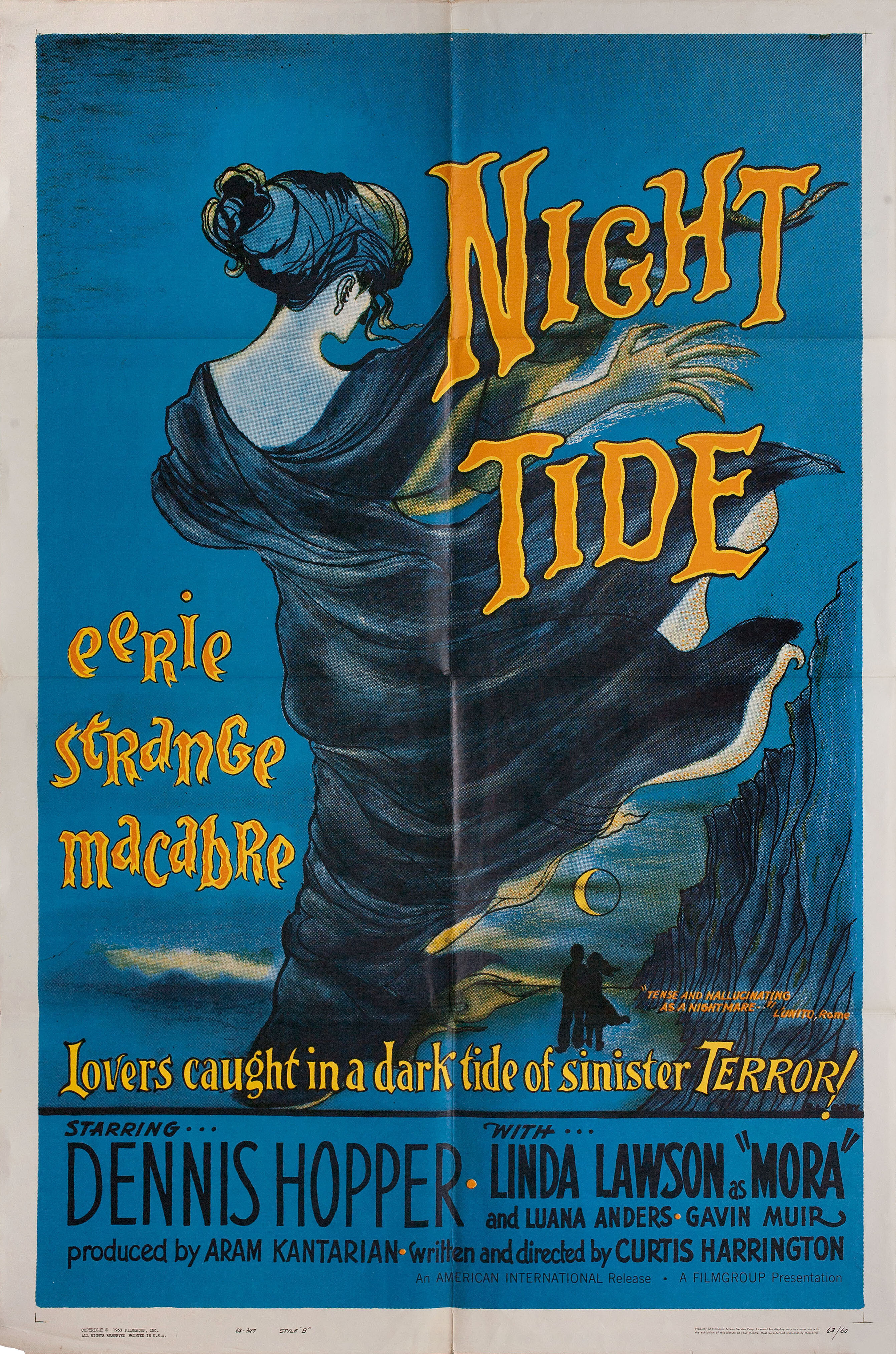 Ночной прилив (Night Tide, 1961), режиссёр Кертис Харрингтон, иллюстрированный постер к фильму (США, 1963 год), автор Гэри