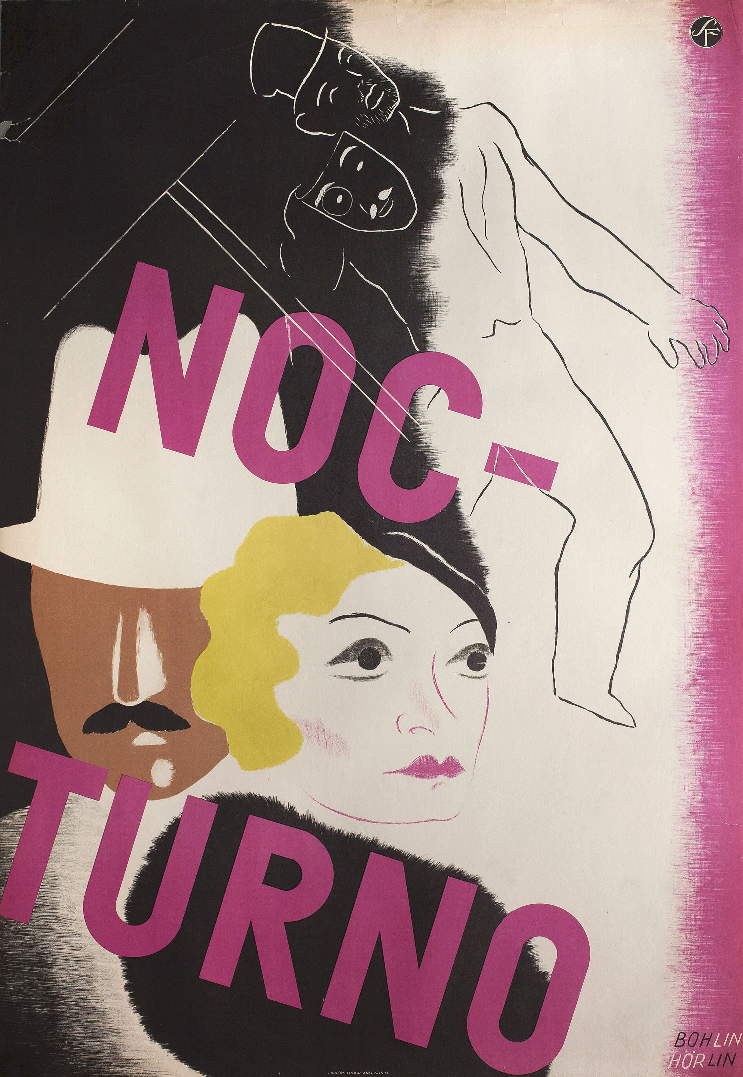 Ноктюрн (Nocturne, 1934), режиссёр Густав Махати, иллюстрированный постер к фильму (Швеция, 1935 год), автор Дагни Болин, Брита Хорлин