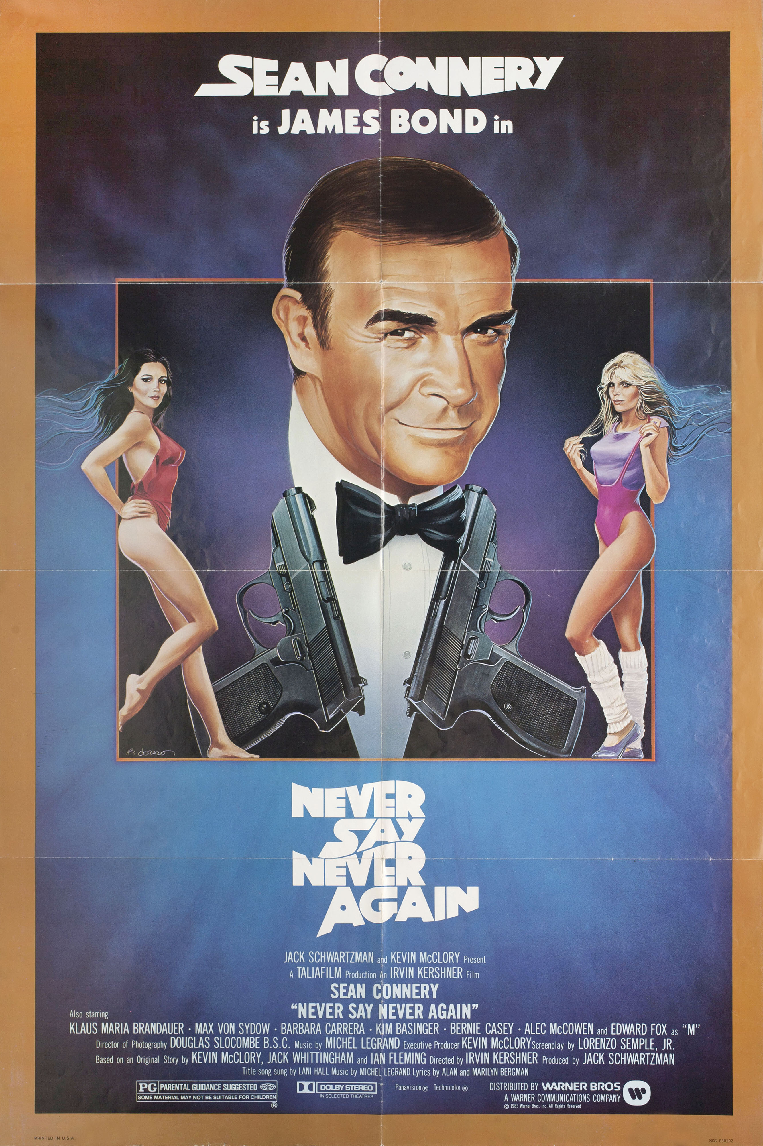 Никогда не говори никогда (Never Say Never Again, 1983), режиссёр Ирвин Кершнер, иллюстрированный постер к фильму (США, 1983 год), автор Руди Обреро