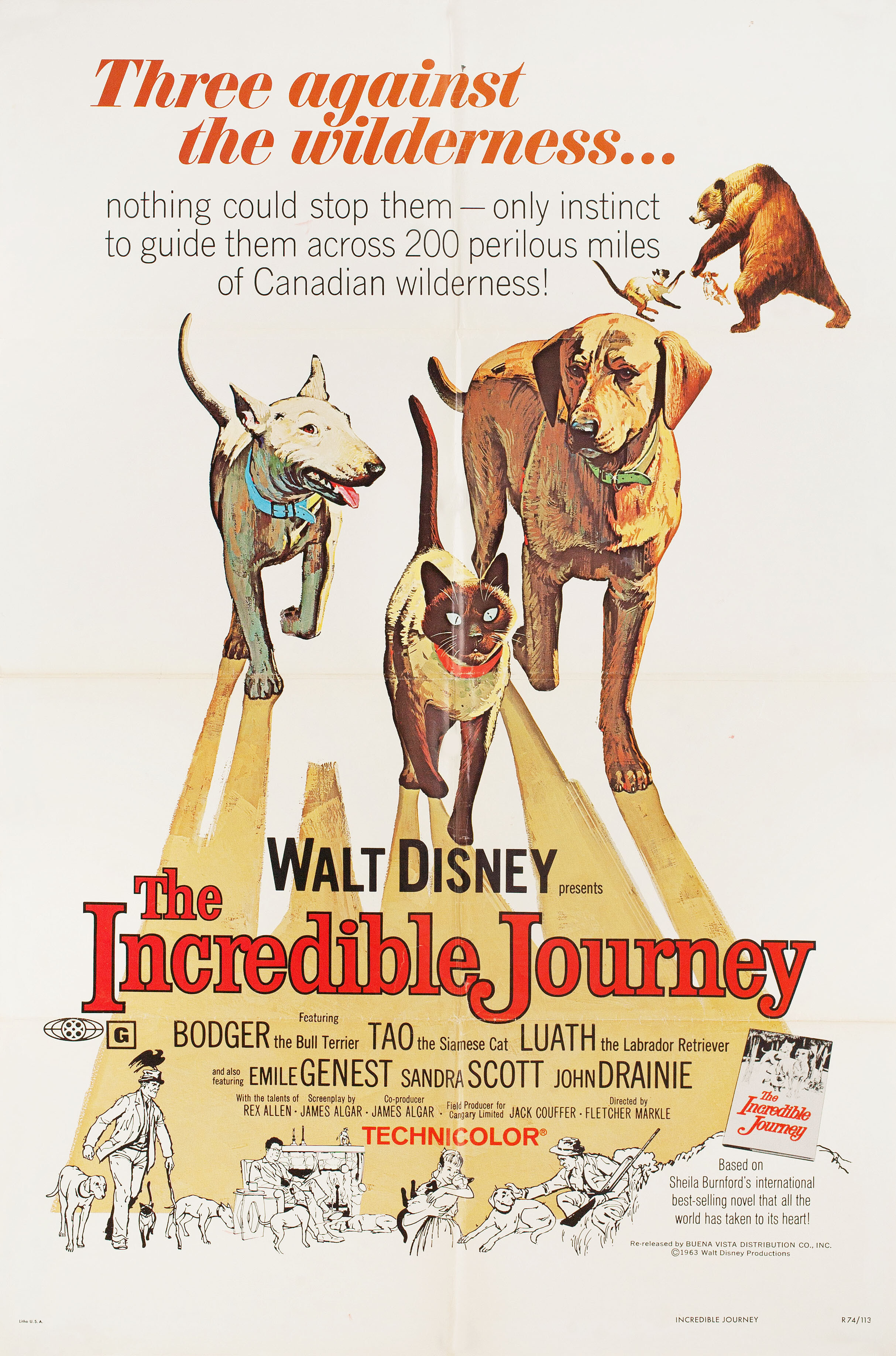 Невероятное путешествие (The Incredible Journey, 1963), режиссёр Флетчер Маркл, иллюстрированный постер к фильму (США, 1963 год)