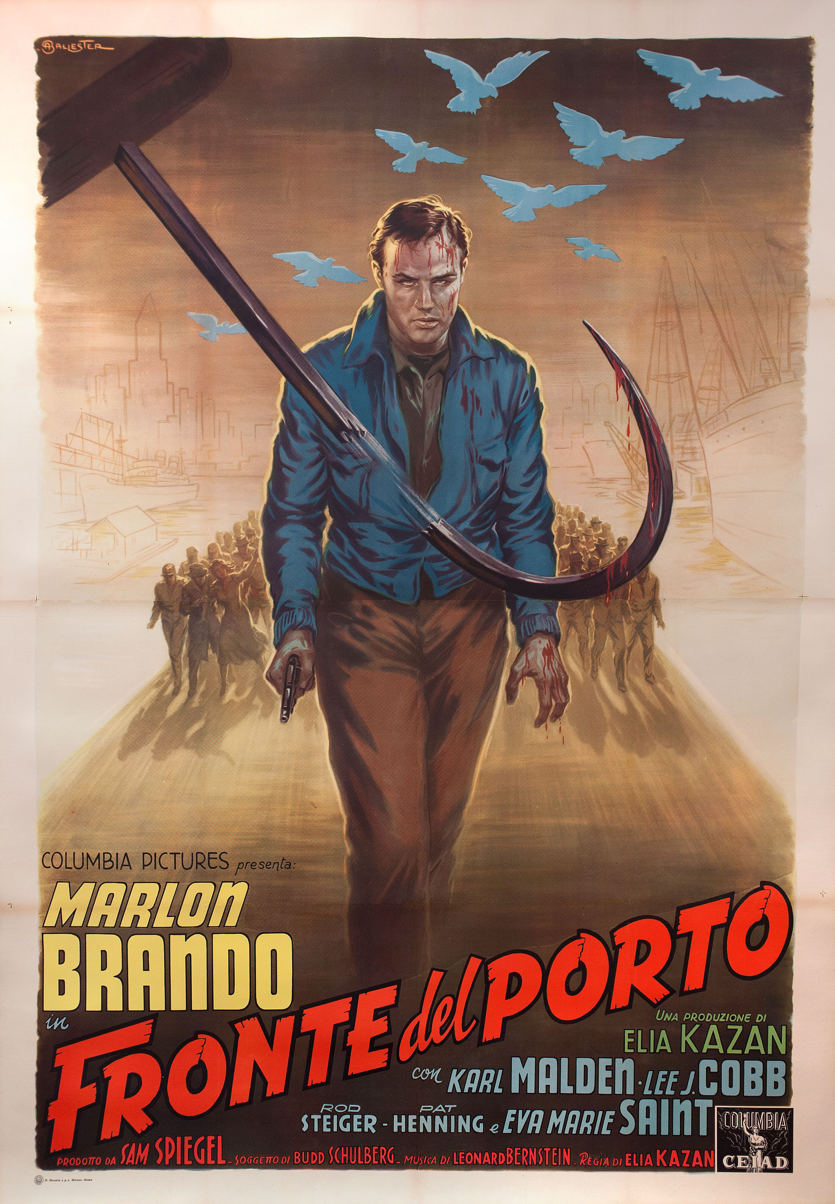 В порту (On the Waterfront, 1954), режиссёр Элия Казан, художественный постер к фильму (Италия, 1954 год), автор Ансельмо Баллестер