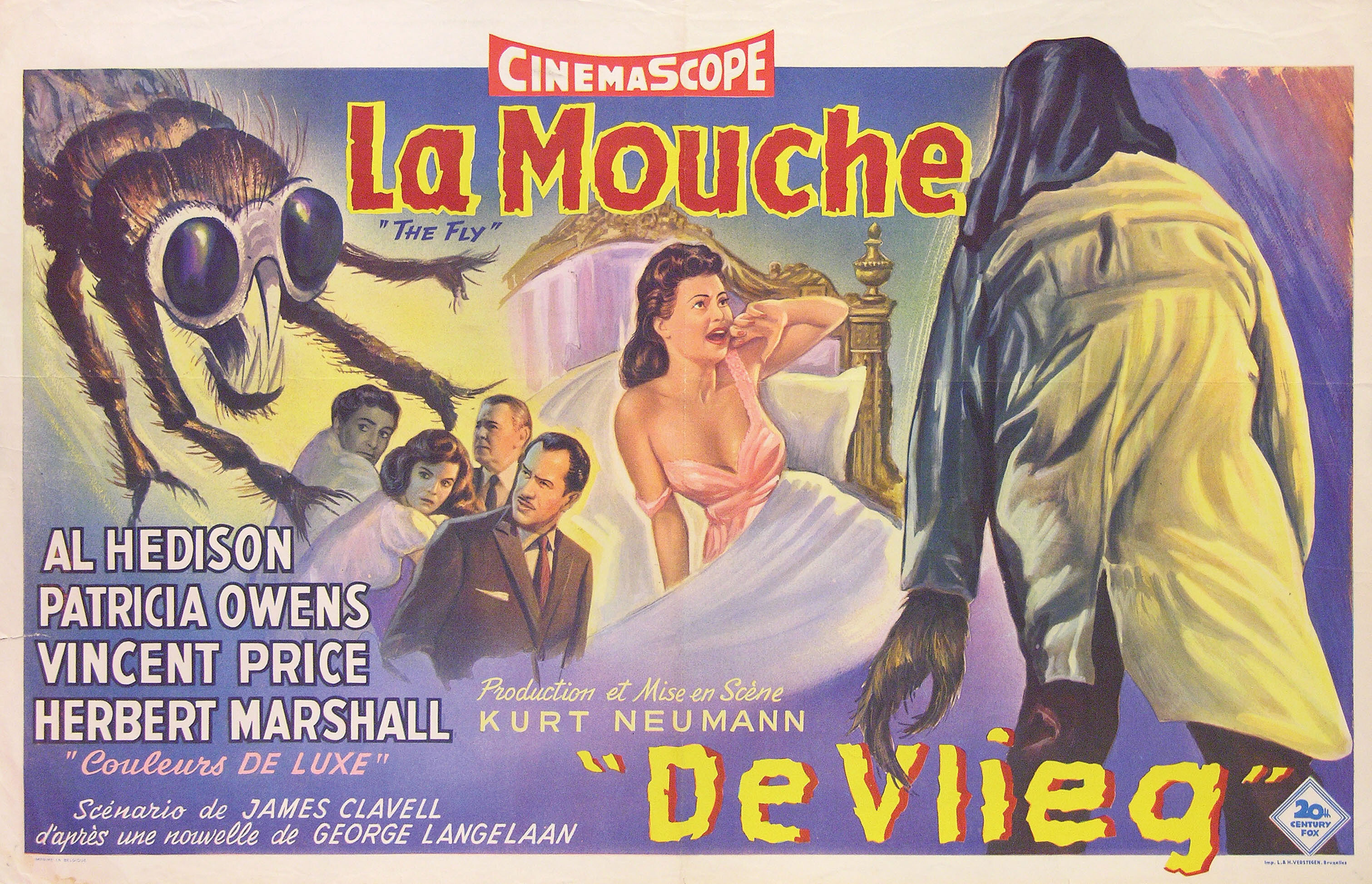 Муха (The Fly, 1958), режиссёр Курт Нойманн, художественный постер к фильму (Бельгия, 1958 год)