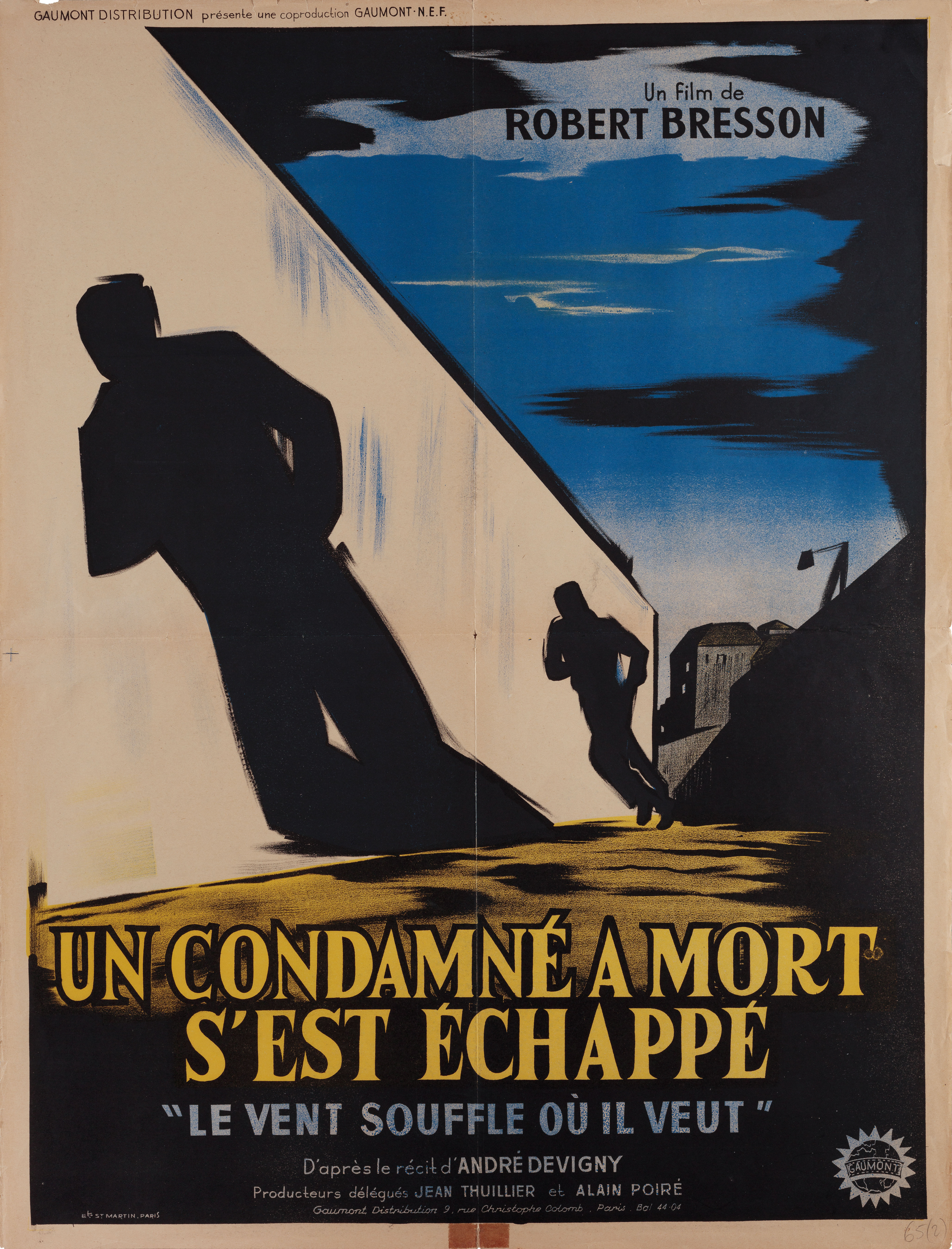 Приговорённый к смерти бежал (A Man Escaped, 1956), режиссёр Робер Брессон, художественный постер к фильму (Франция, 1960 год), автор Гай Джерард Ноэль
