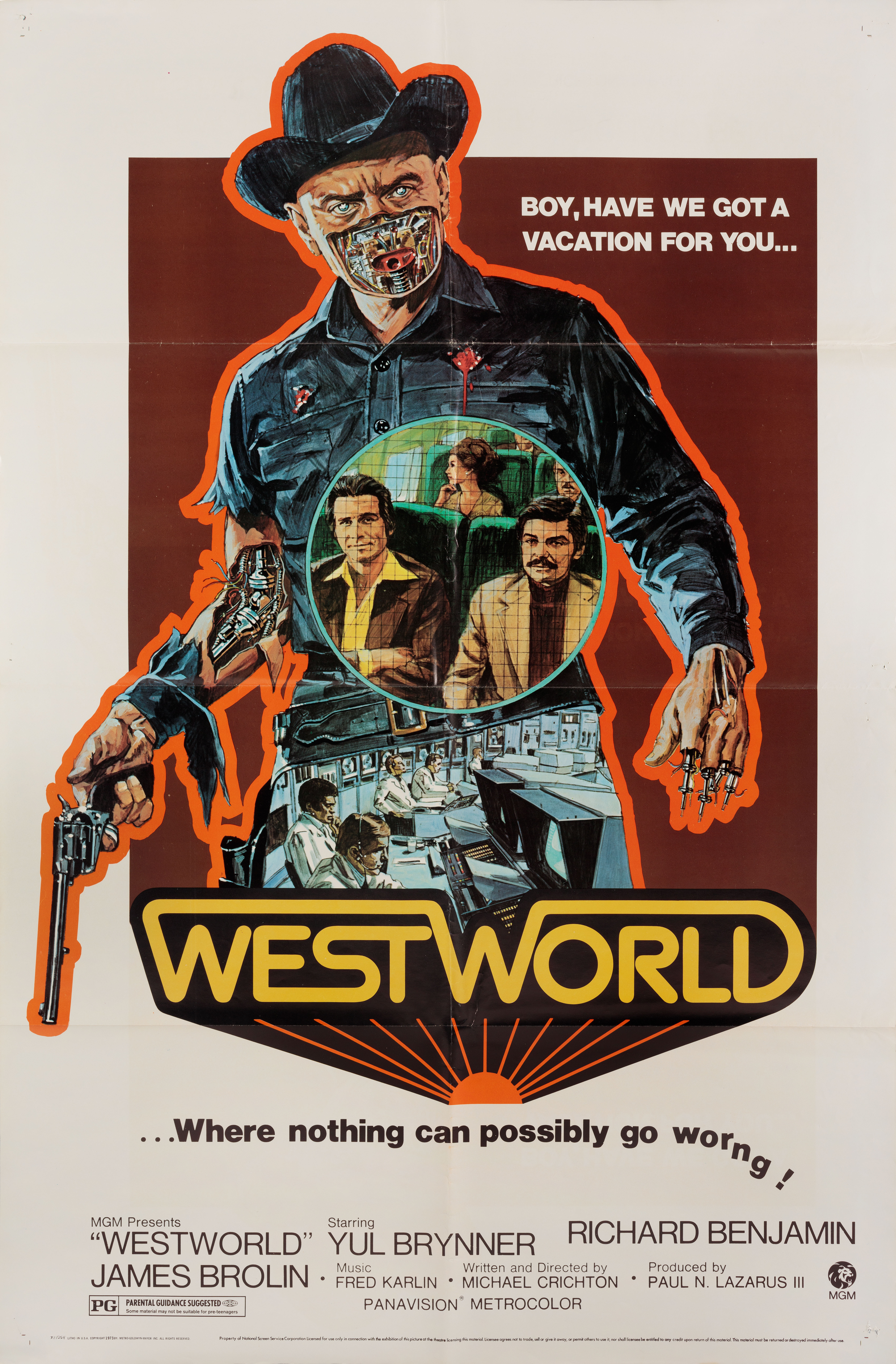 Мир Дикого Запада (Westworld, 1973), режиссёр Майкл Крайтон, художественный постер к фильму (США, 1973 год), автор Нил Адамс