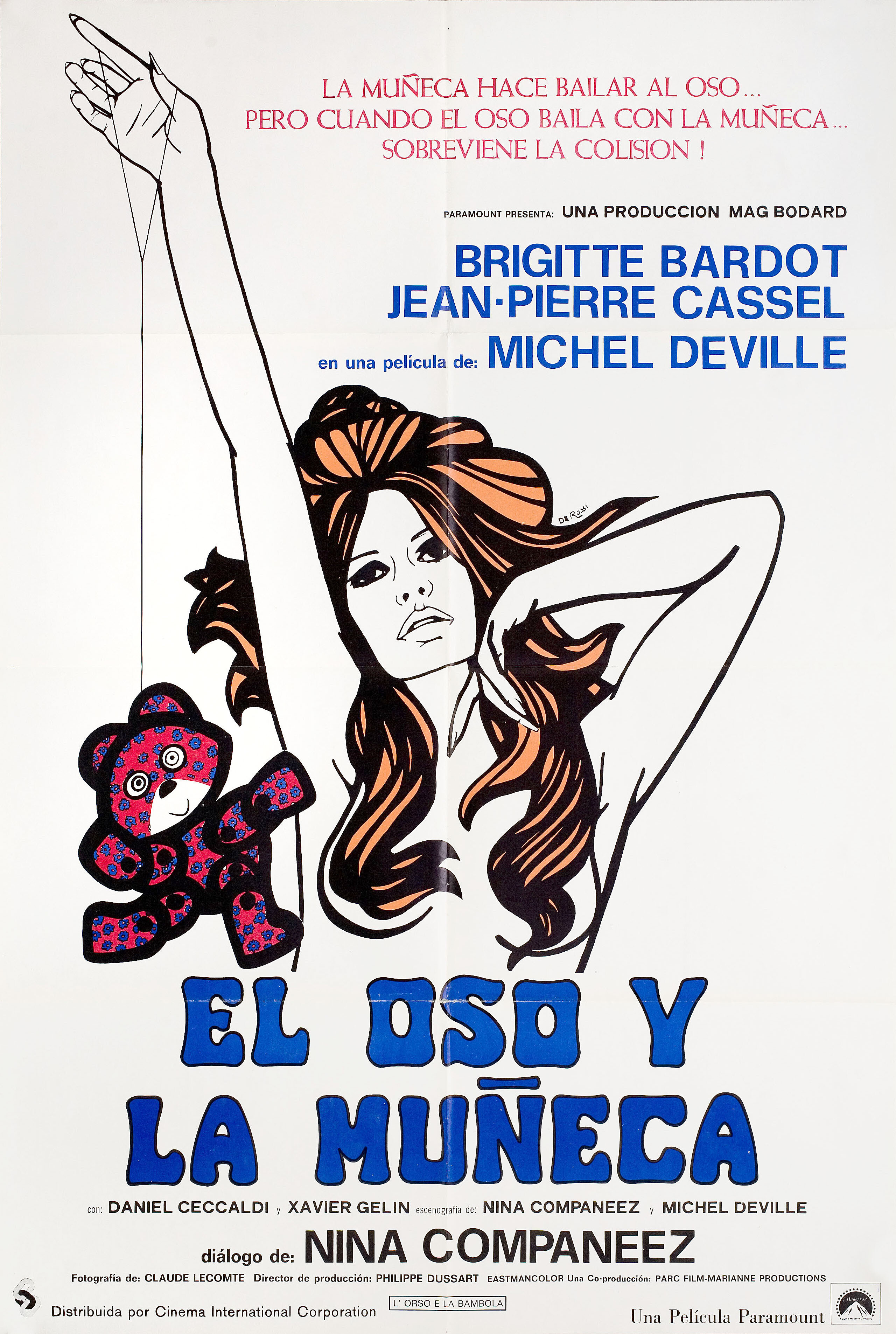 Медведь и кукла (The Bear and the Doll, 1970), режиссёр Мишель Девиль, иллюстрированный постер к фильму (Бразилия, 1970 год), автор ДеРосси