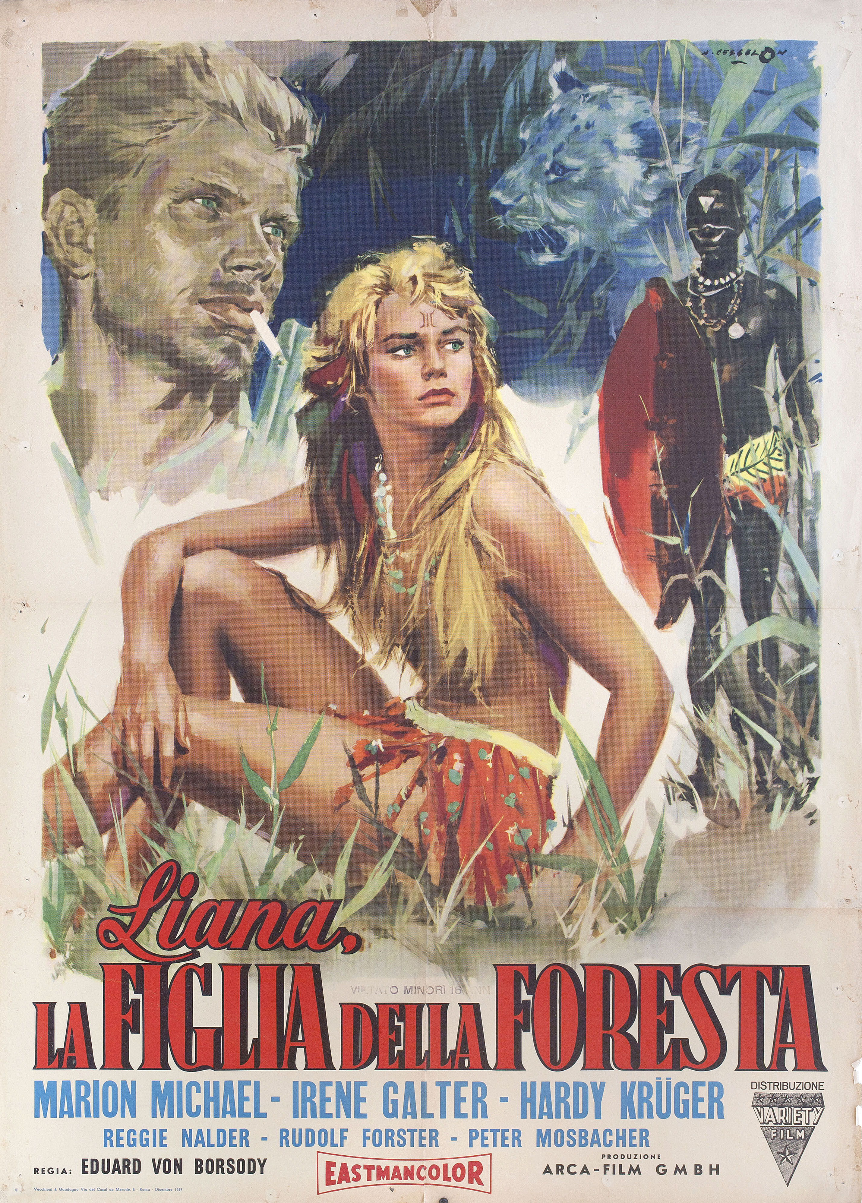Лиана, девушка из первобытного леса (Liane, Jungle Goddess, 1956), режиссёр Эдуард фон Борсоди, художественный постер к фильму (Италия, 1957 год), автор Анджело Сесселон