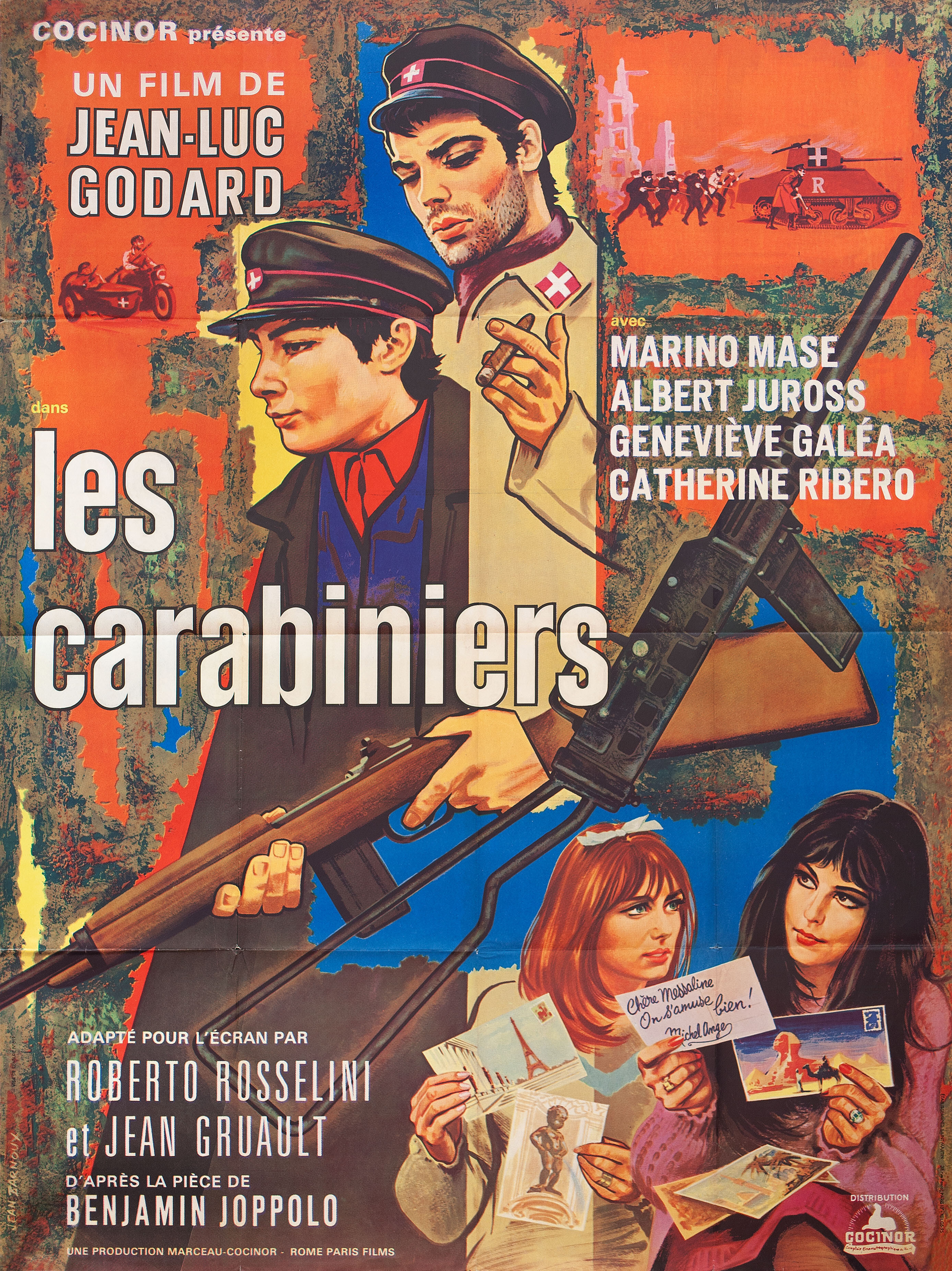 Карабинеры (Les carabiniers, 1963), режиссёр Жан-Люк Годар, иллюстрированный постер к фильму (Франция, 1963 год), автор Жан Барну