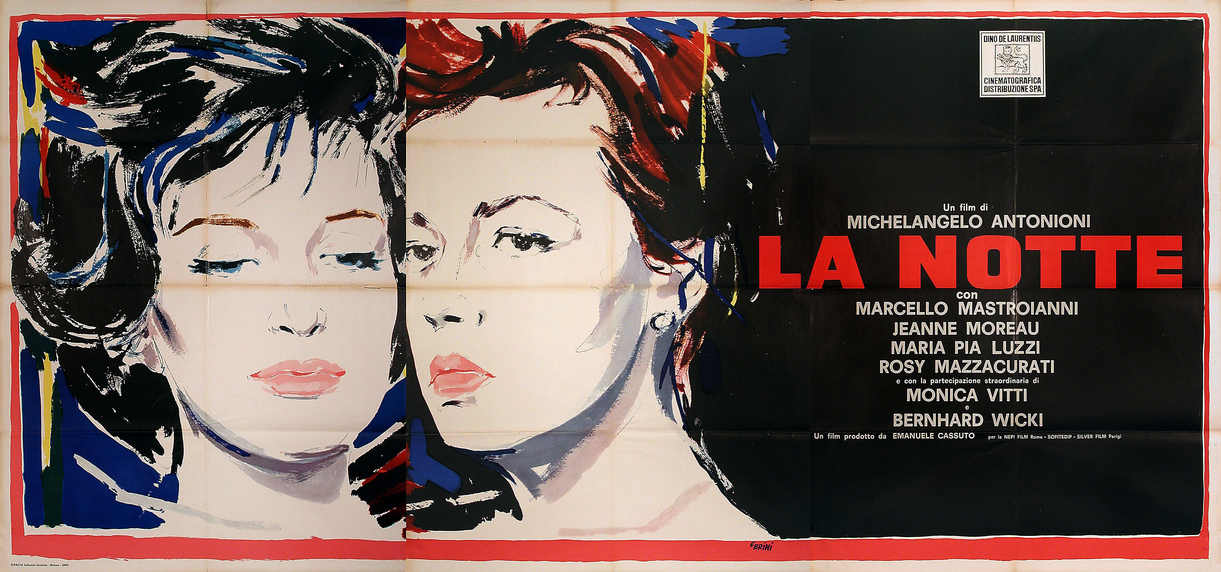 Ночь (La Notte, 1961), режиссёр Микеланджело Антониони, художественный постер к фильму (Италия, 1961 год), автор Эрколе Брини