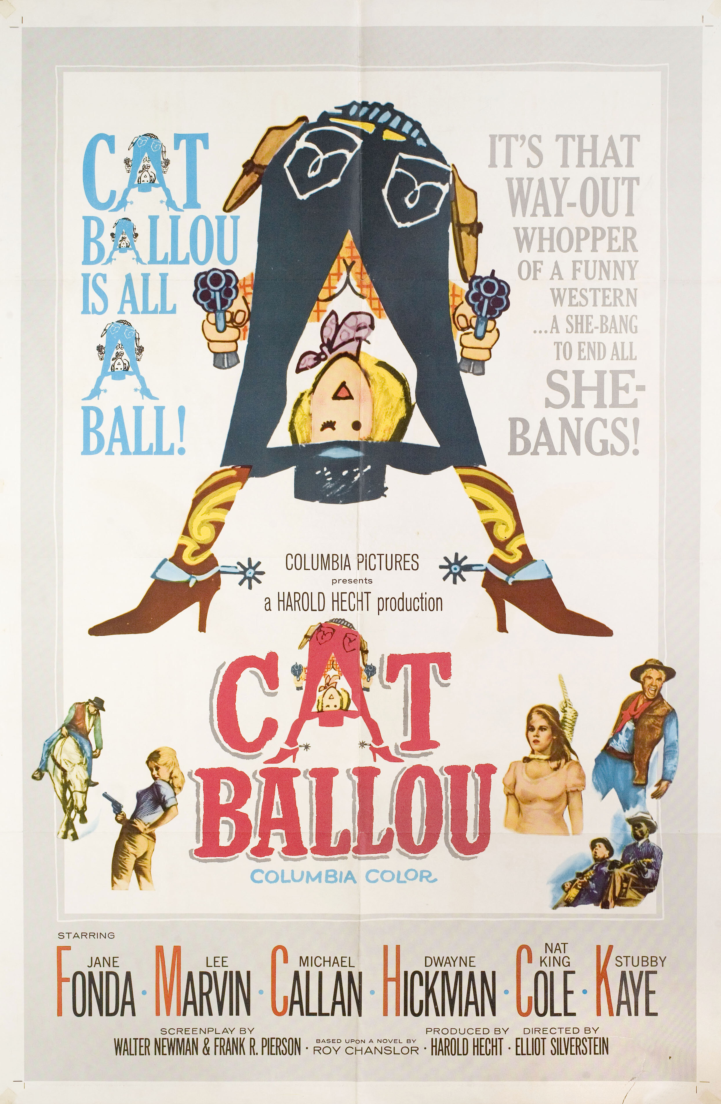 Кэт Баллу (Cat Ballou, 1965), режиссёр Эллиот Сильверстайн, иллюстрированный постер к фильму (США, 1965 год)
