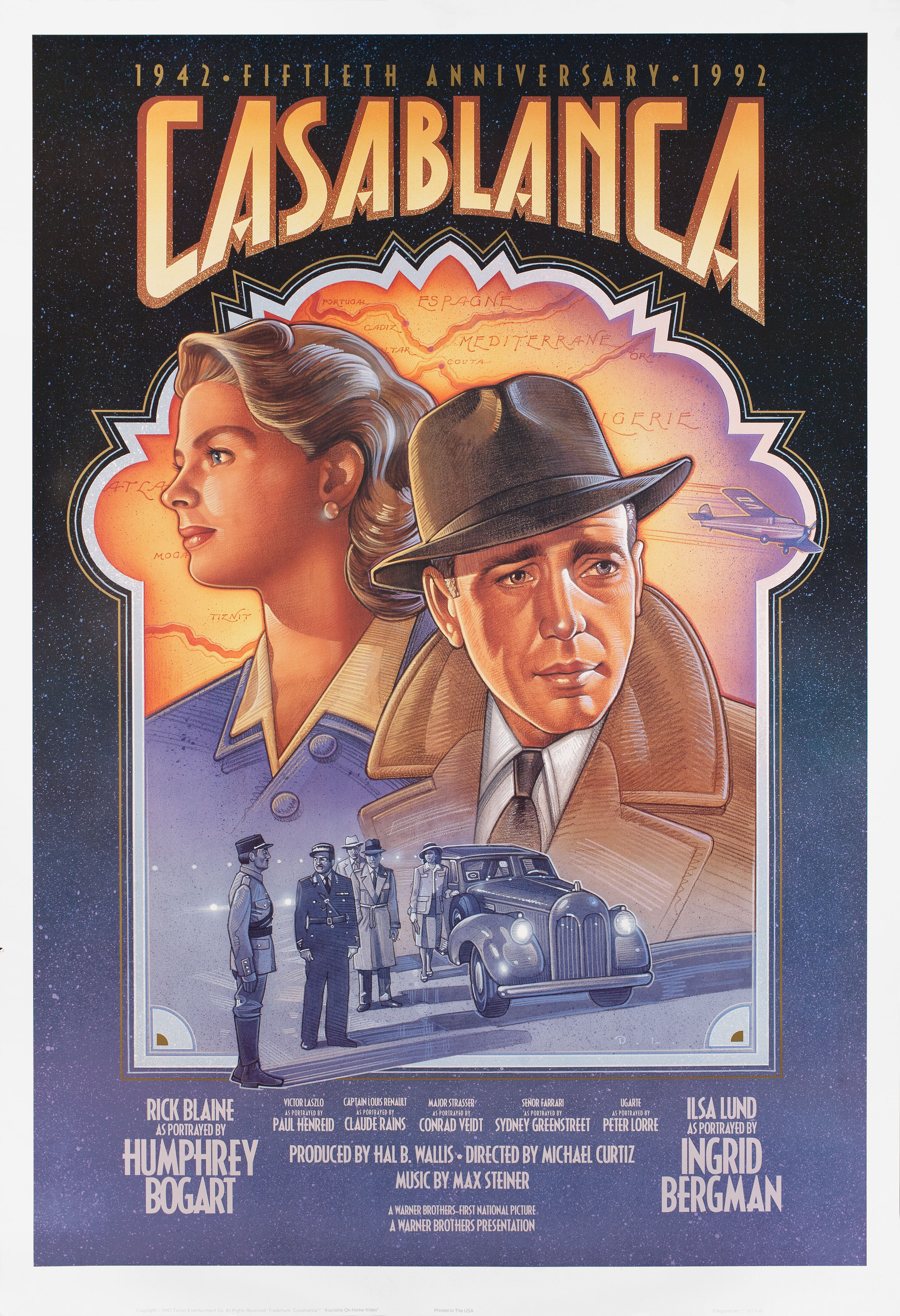 Касабланка (Casablanca, 1942), режиссёр Майкл Кертис, художественный постер к фильму (США, 1992 год), автор Дэйв ЛеФлер