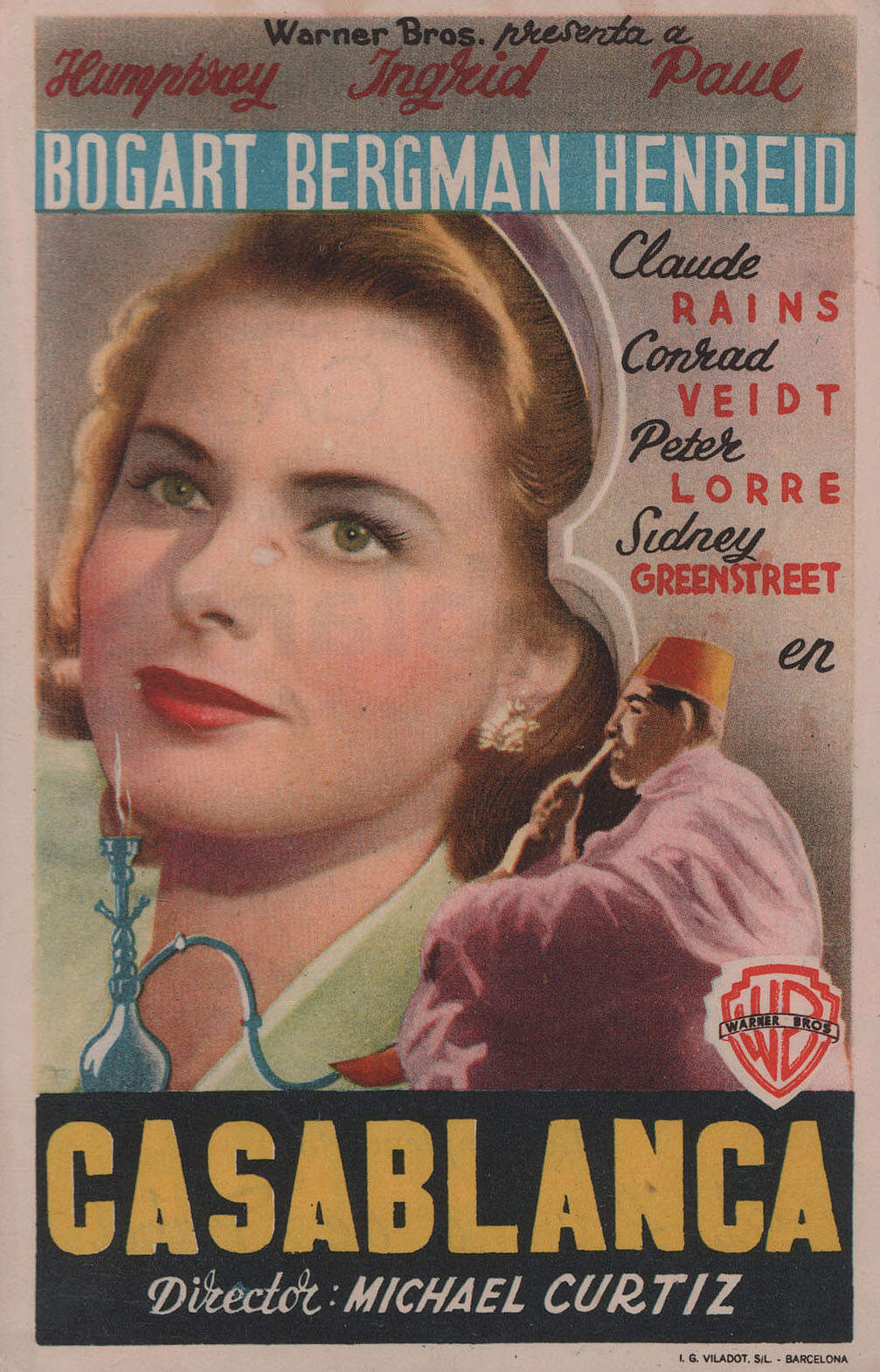 Касабланка (Casablanca, 1942), режиссёр Майкл Кертис, иллюстрированный постер к фильму (Испания, 1947 год)