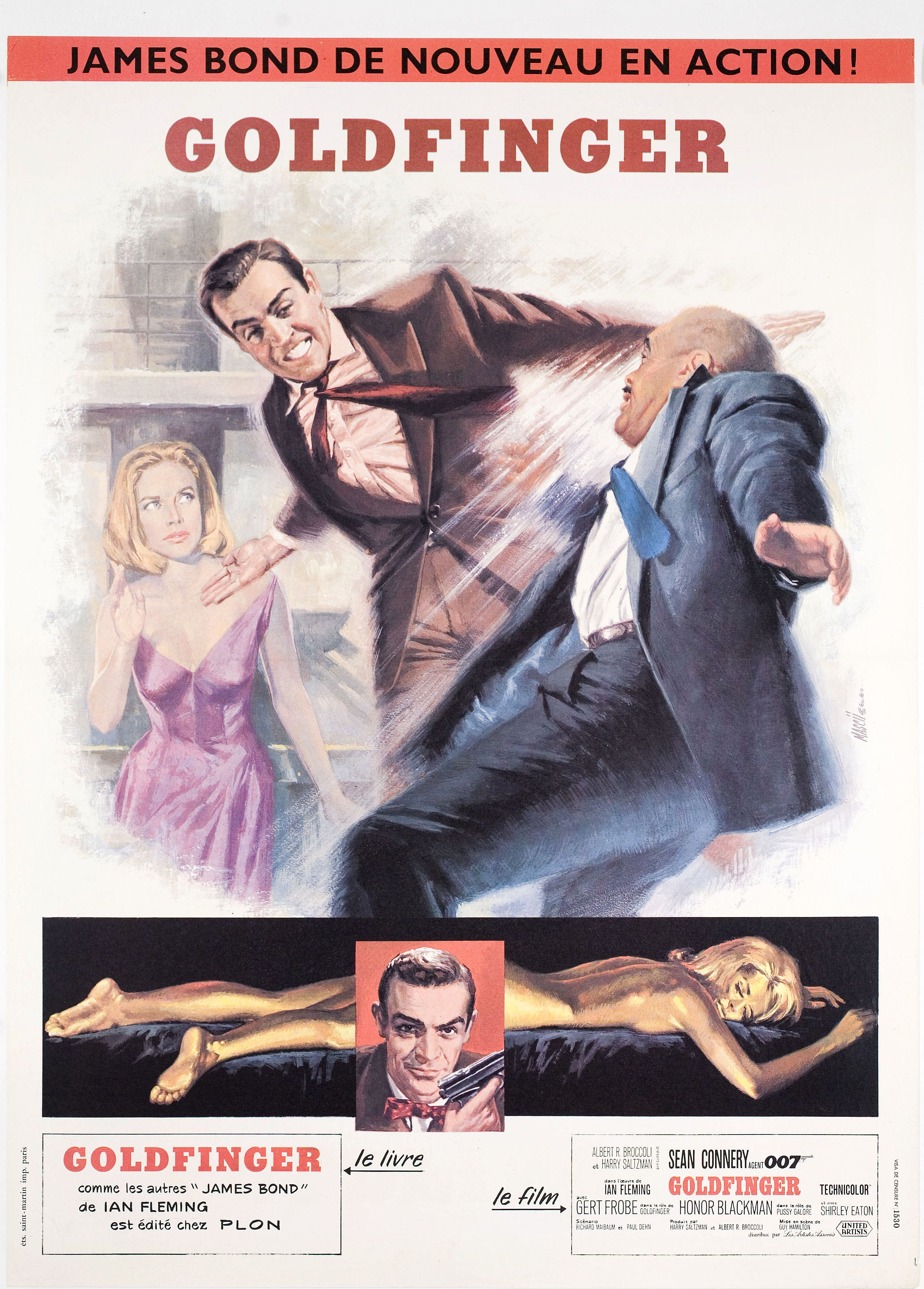 Голдфингер (Goldfinger, 1964), режиссёр Гай Хэмилтон, художественный постер к фильму (Франция, 1964 год), автор Жан Маски