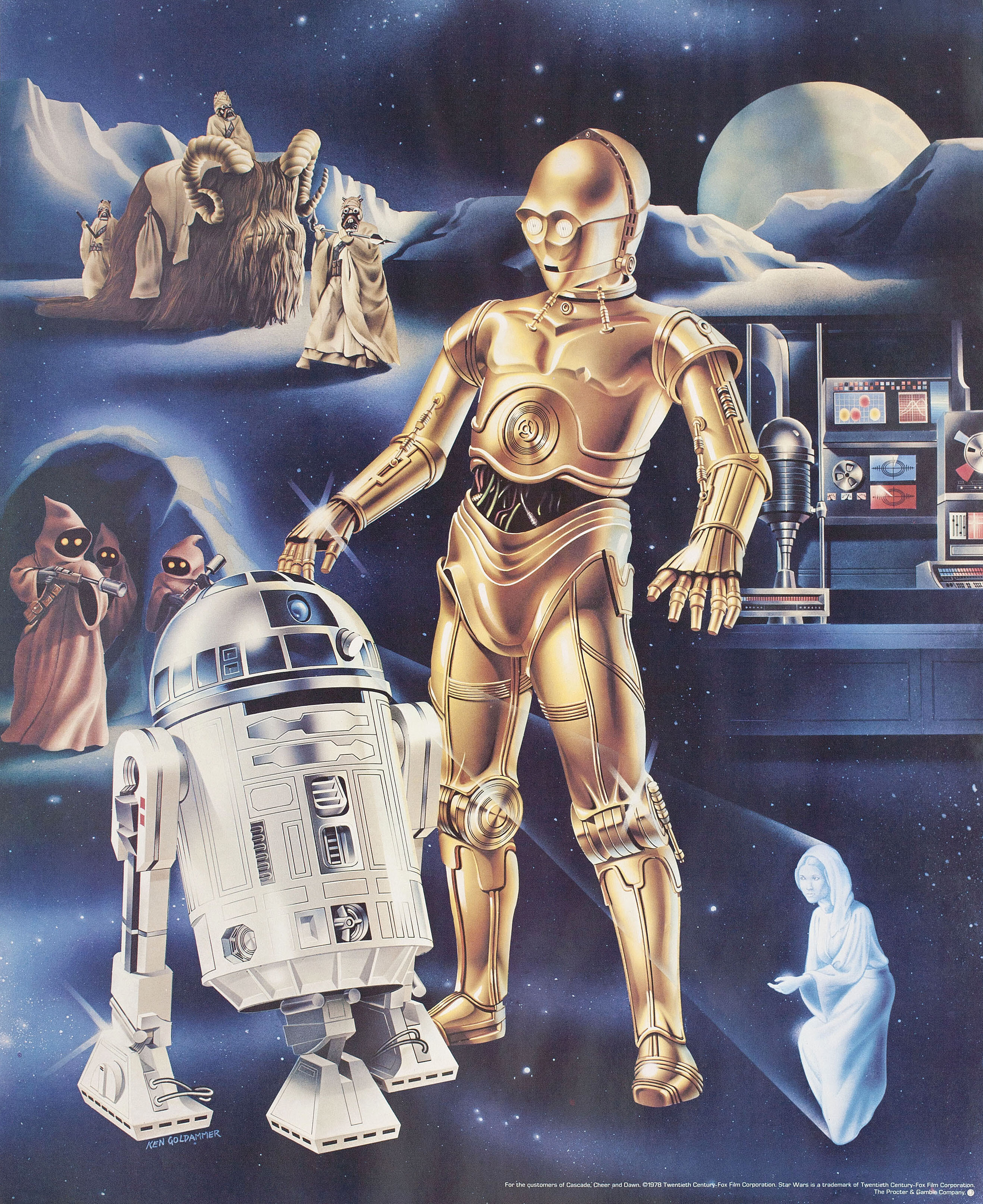 Звёздные войны: Эпизод 4 – Новая надежда (Star Wars, 1977), режиссёр Джордж Лукас, иллюстрированный постер к фильму (США, 1977 год), автор Кен Голдаммер_1