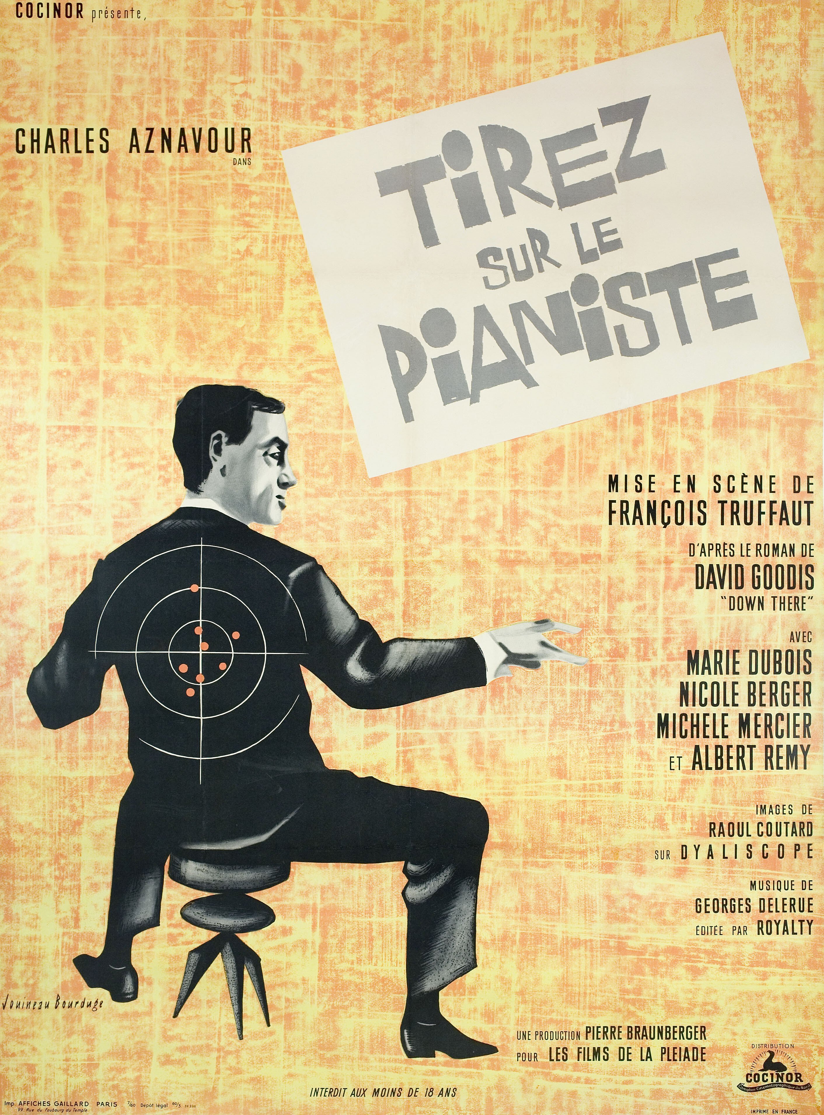 Стреляйте в пианиста (Shoot the Piano Player, 1960), режиссёр Франсуа Трюффо, художественный постер к фильму (Франция, 1960 год), автор Жуино Бурдюж