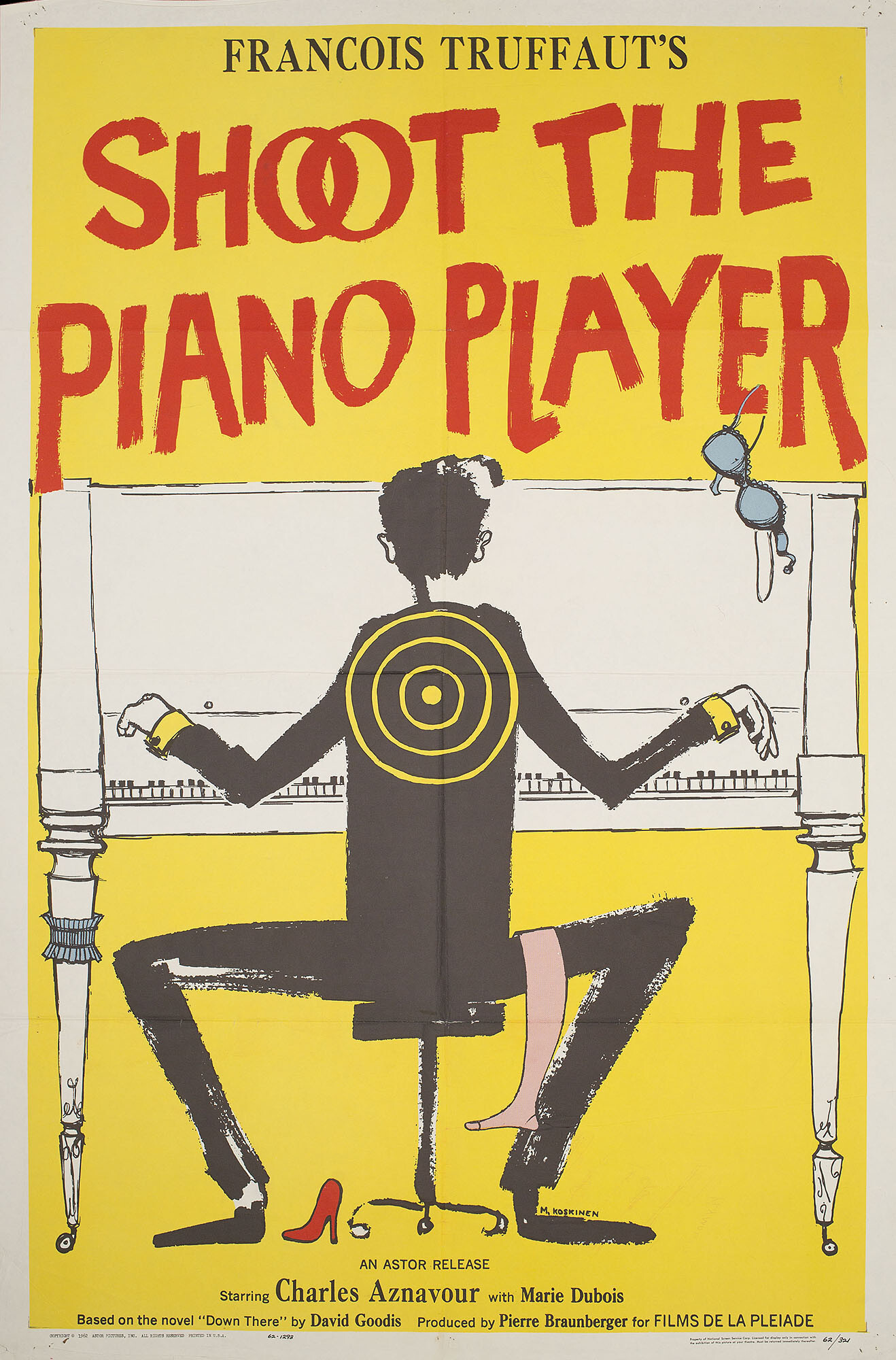 Стреляйте в пианиста (Shoot the Piano Player, 1960), режиссёр Франсуа Трюффо, иллюстрированный постер к фильму (США, 1962 год), автор М. Коскинен
