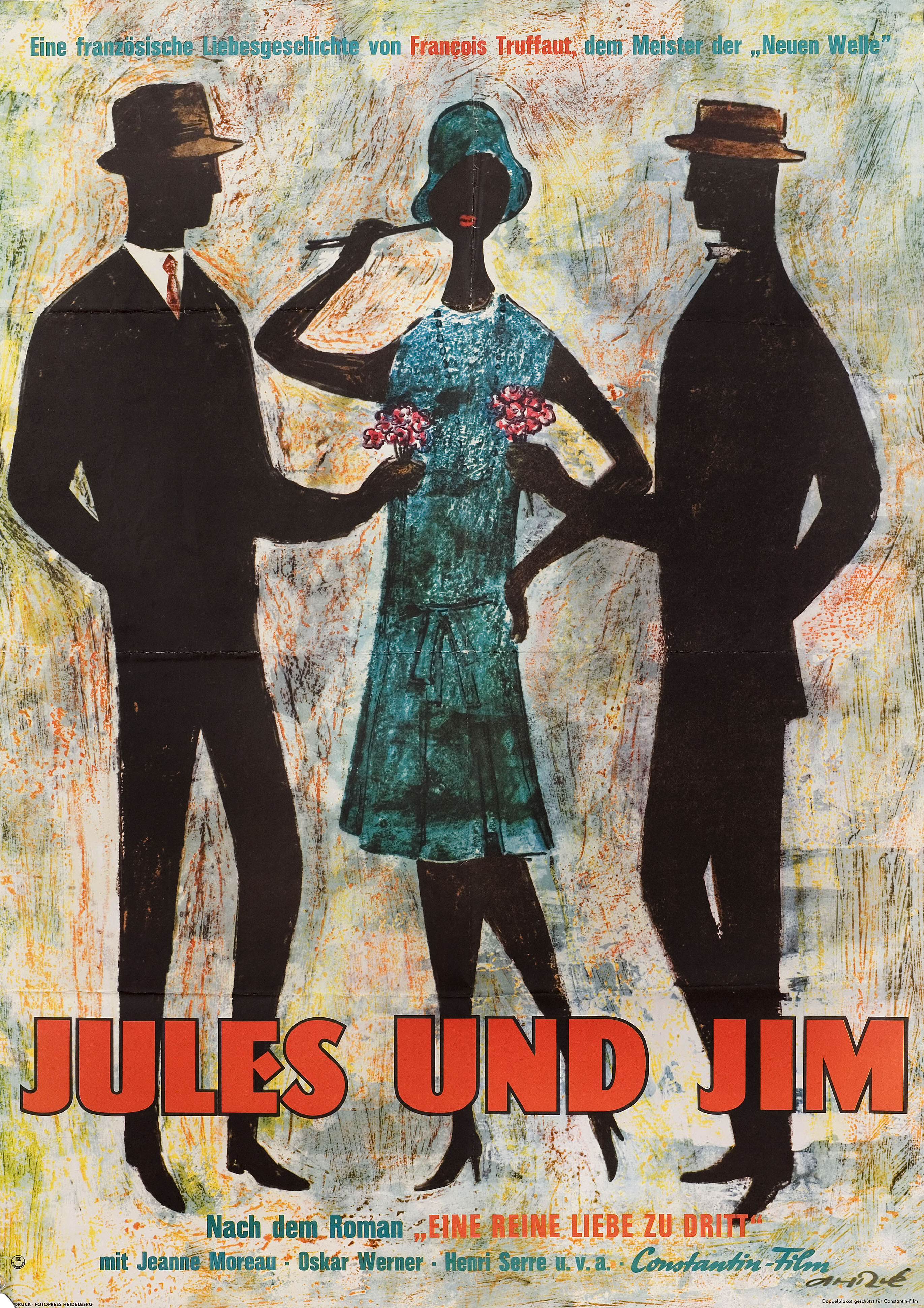 Жюль и Джим (Jules and Jim, 1962), режиссёр Франсуа Трюффо, художественный постер к фильму (Германия, 1962 год), автор Ферри Арле