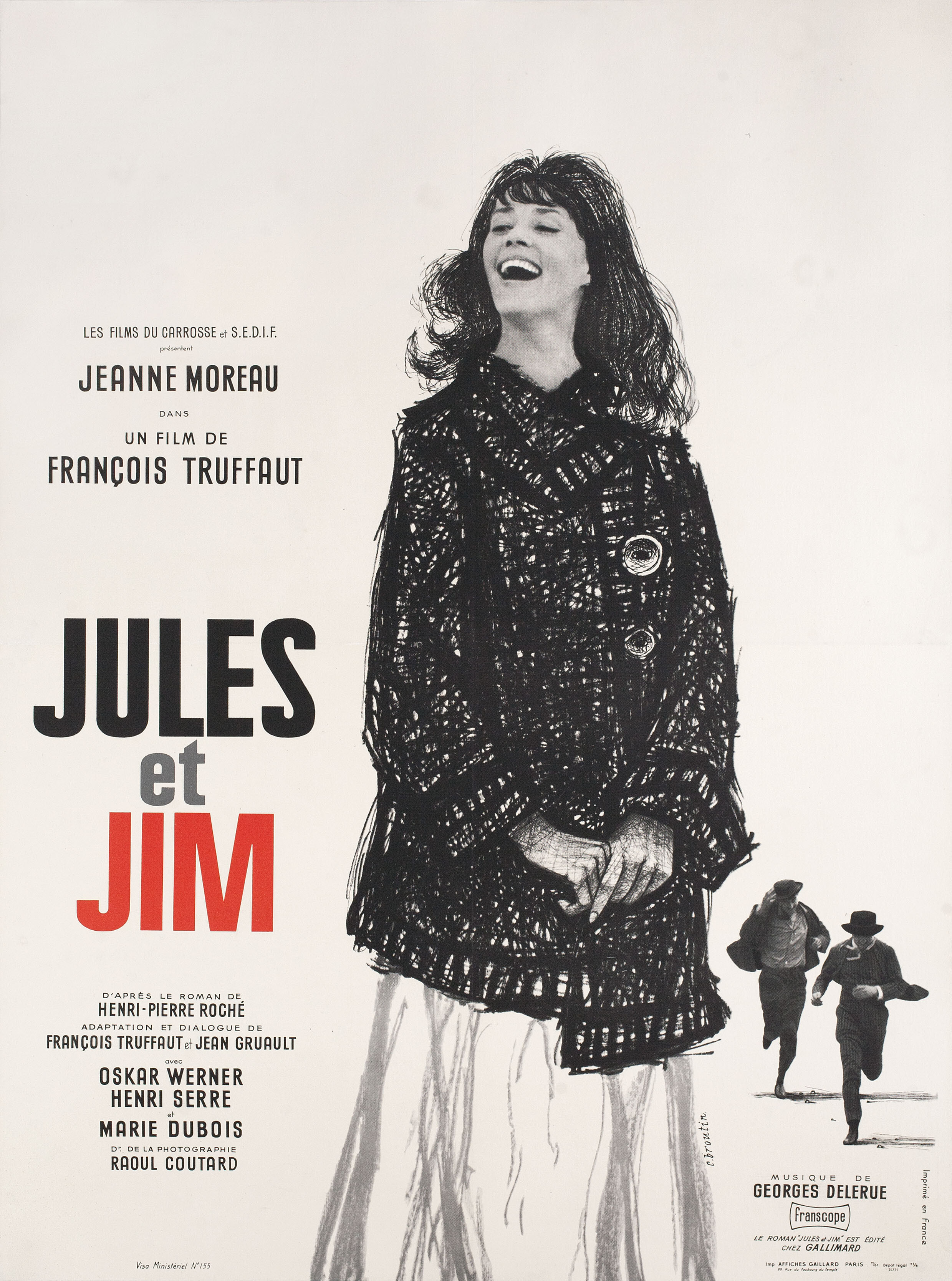 Жюль и Джим (Jules and Jim, 1962), режиссёр Франсуа Трюффо, иллюстрированный постер к фильму (Франция, 1962 год), автор Кристиан Броутен