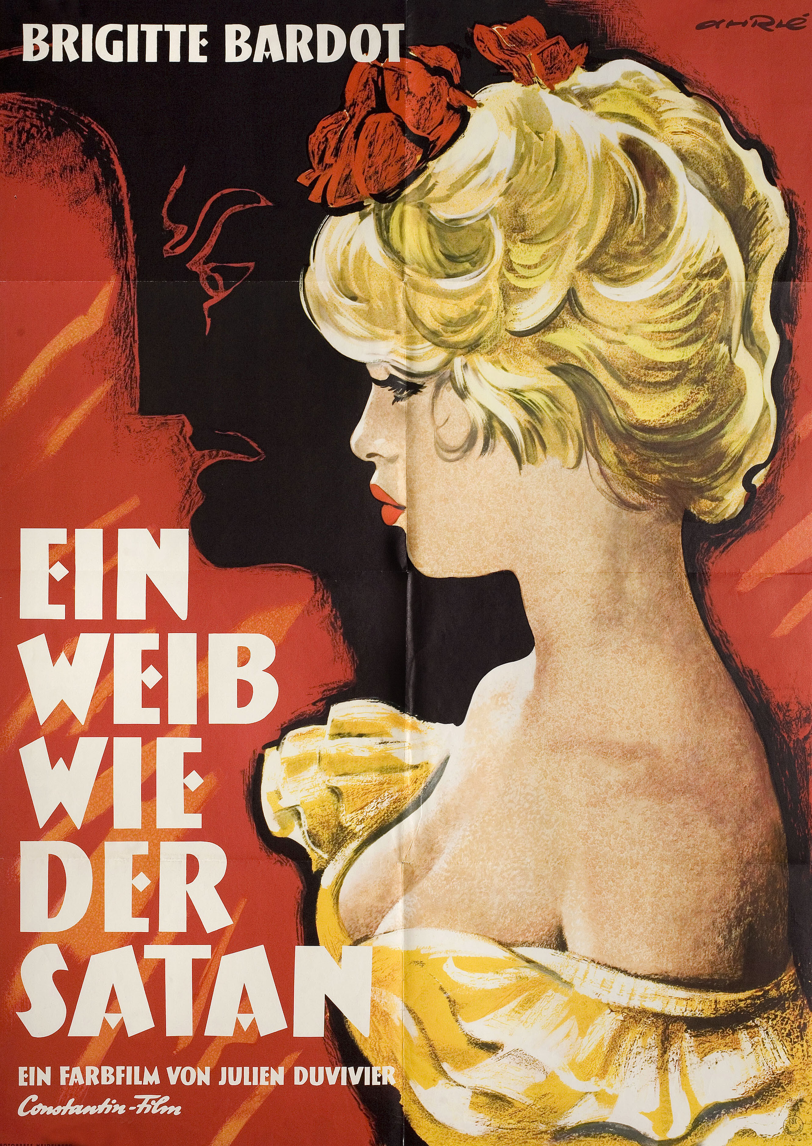 Женщина и паяц (A Woman like Satan, 1959), режиссёр Жюльен Дювивье, художественный постер к фильму (Германия, 1959 год), автор Ферри Арле