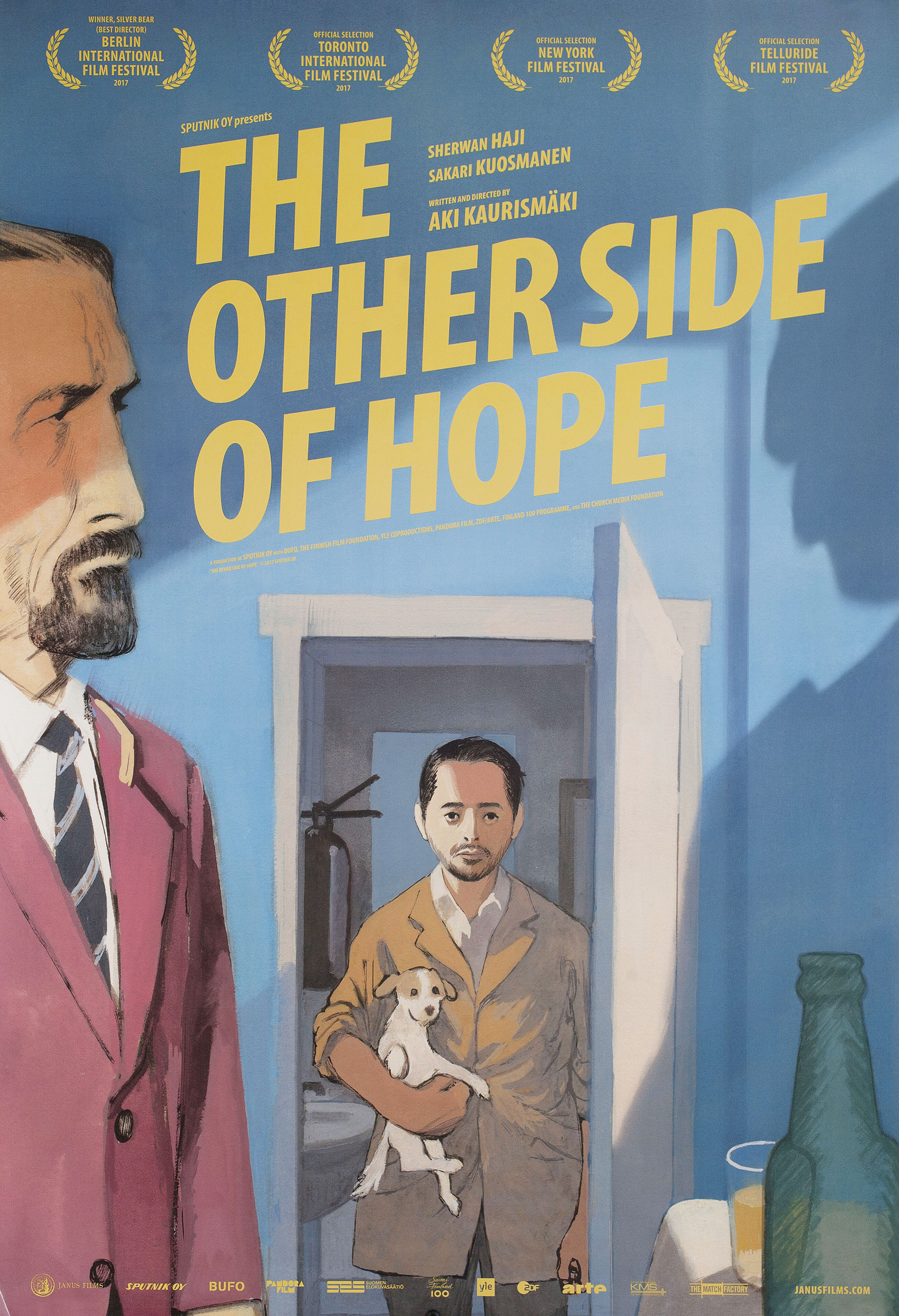 По ту сторону надежды (The Other Side of Hope, 2017), режиссёр Аки Каурисмяки, иллюстрированный постер к фильму (США, 2017 год)