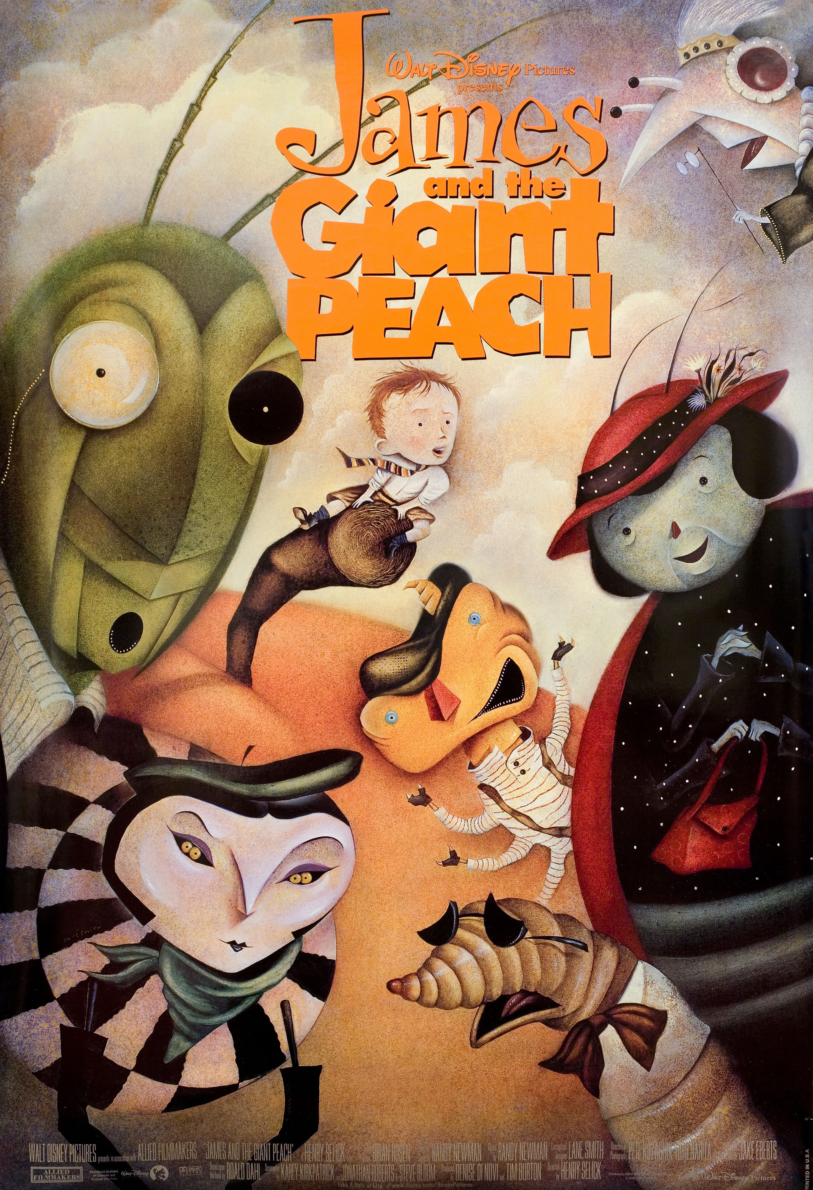Джеймс и гигантский персик (James and the Giant Peach, 1996), режиссёр Генри Селик, иллюстрированный постер к фильму (США, 1996 год), автор Джейн Смит