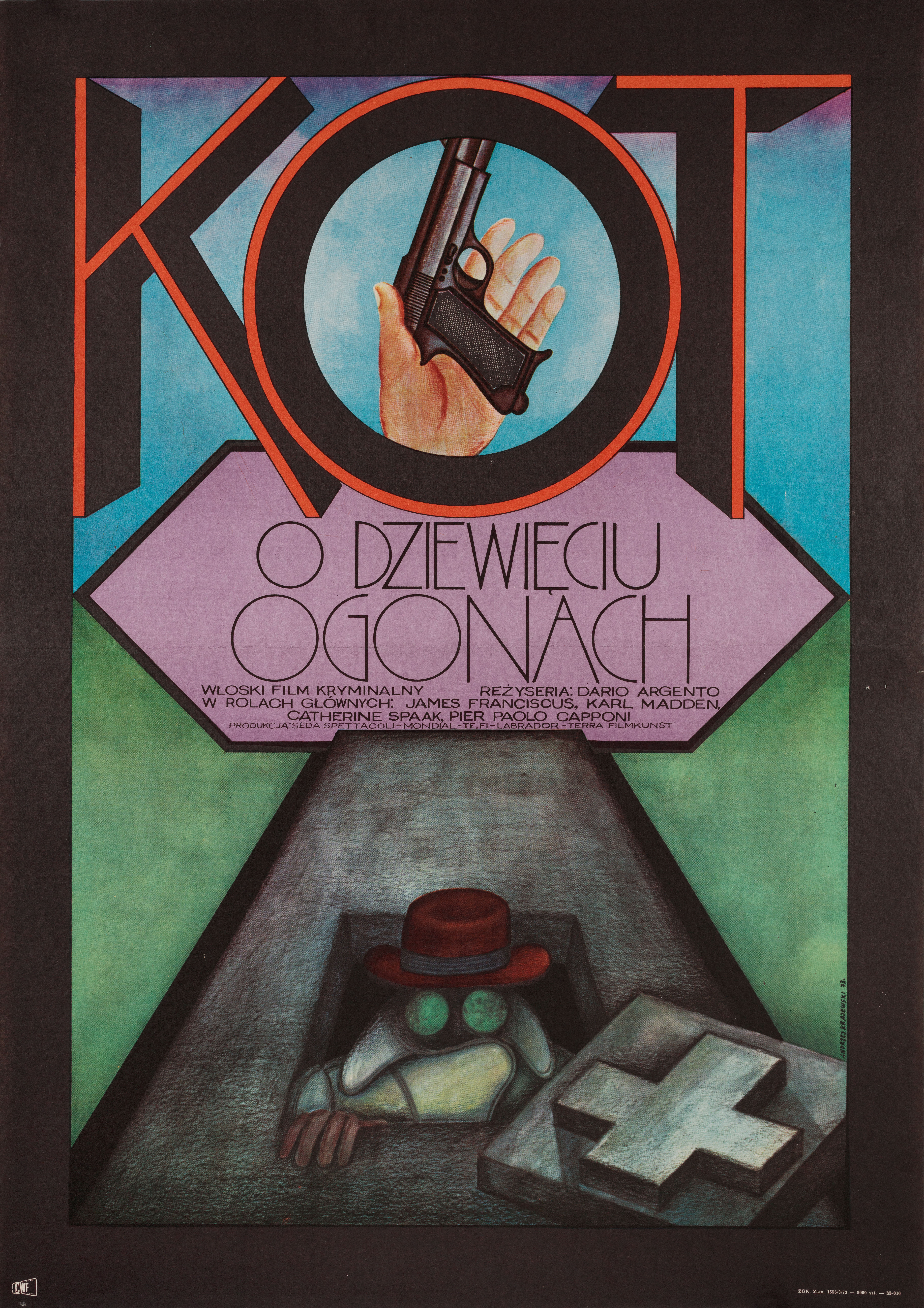 Кошка о девяти хвостах (The Cat o Nine Tails, 1971), режиссёр Дарио Ардженто, иллюстрированный постер к фильму (Польша, 1973 год), автор Анджей Краевский
