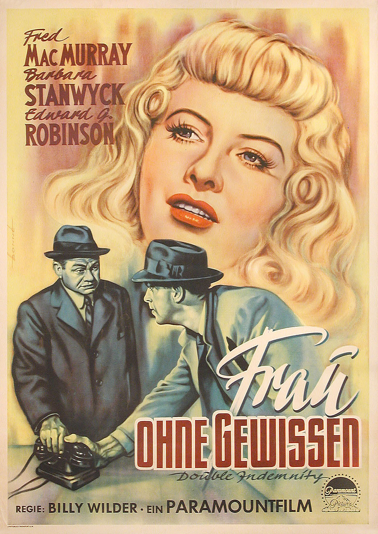 Двойная страховка (Double Indemnity, 1944), режиссёр Билли Уайлдер, художественный постер к фильму (Германия, 1944 год)