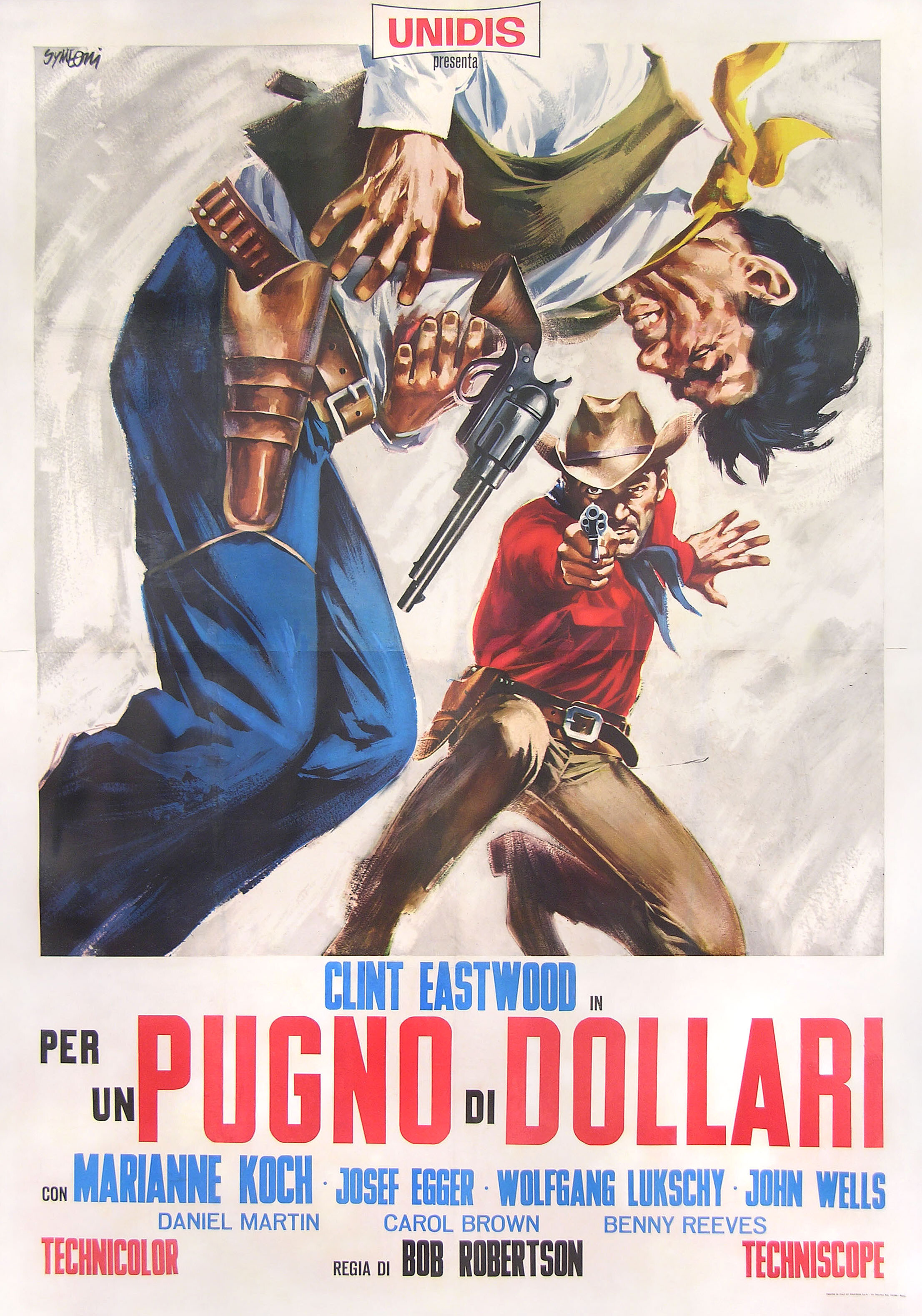 За пригоршню долларов (A Fistful of Dollars, 1964), режиссёр Серджио Леоне, художественный постер к фильму (Италия, 1964 год), автор Сандро Симеони