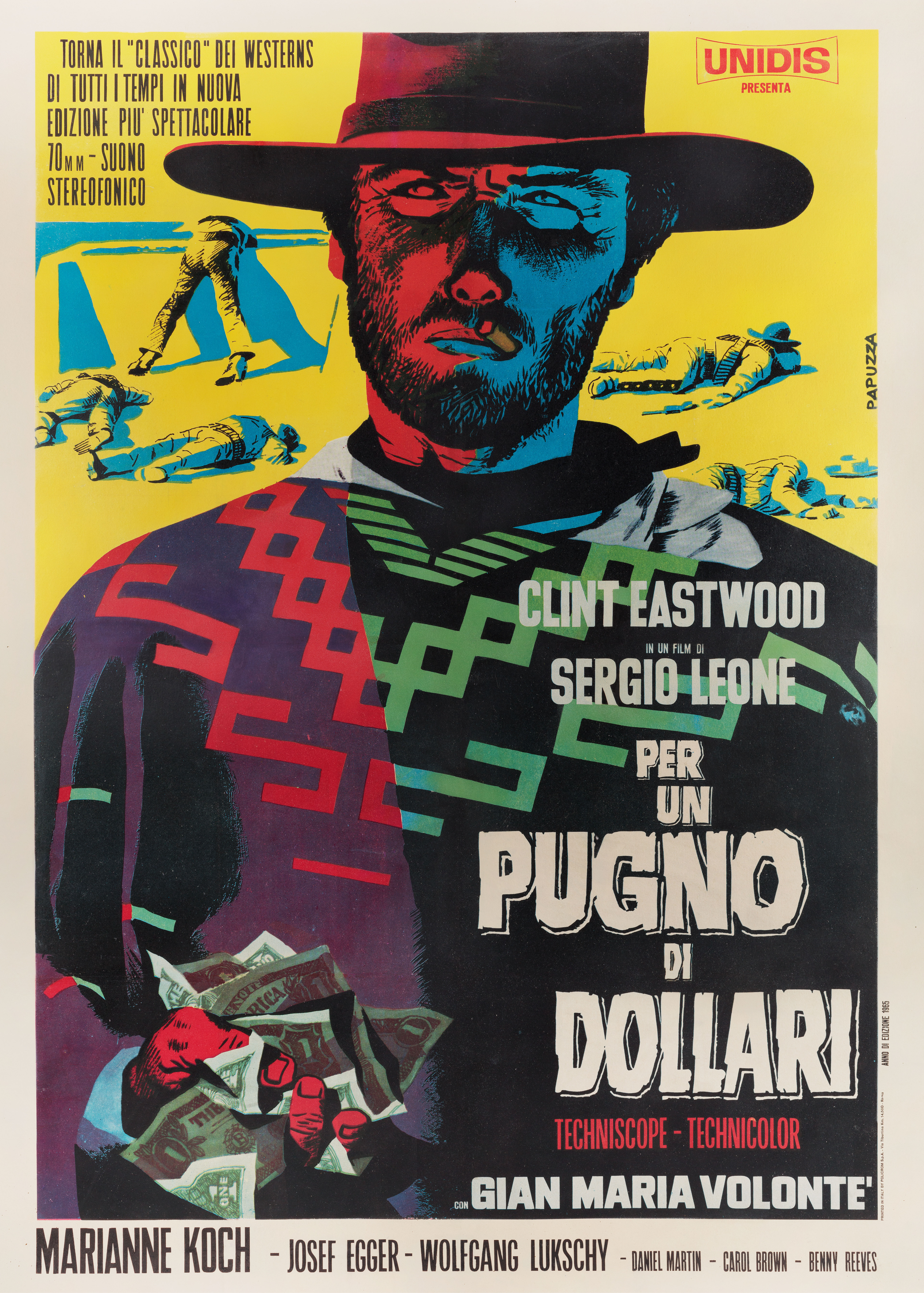 За пригоршню долларов (A Fistful of Dollars, 1964), режиссёр Серджио Леоне, иллюстрированный постер к фильму (Италия, 1965 год), автор Микеланджело Папуцца