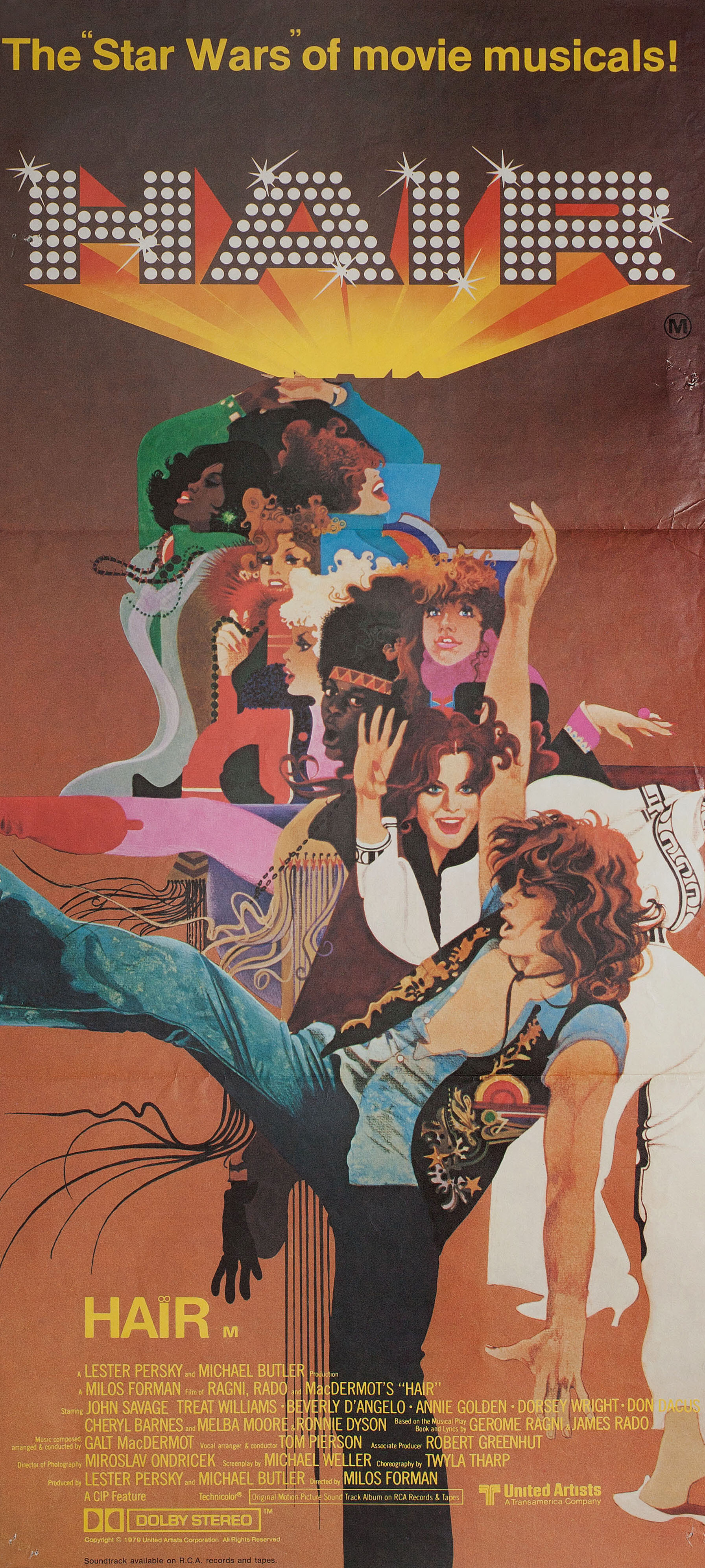 Волосы (Hair, 1979), режиссёр Милош Форман, иллюстрированный постер к фильму (Австралия, 1979 год), автор Боб Пик