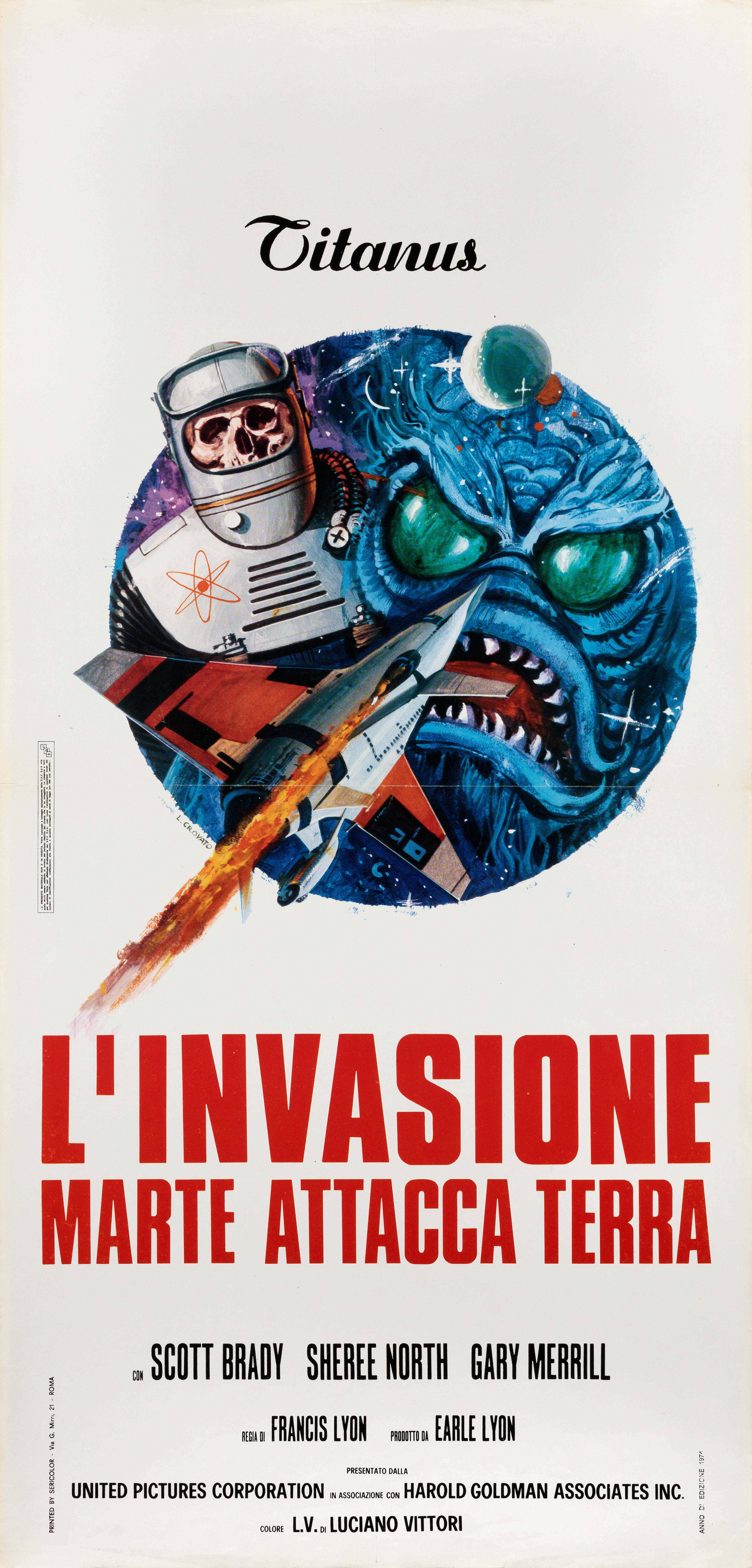 Цель — подводная стихия (Destination Inner Space, 1966), режиссёр Фрэнсис Д. Лайон, художественный постер к фильму (Италия, 1974 год), автор Лучано Лука Кровато