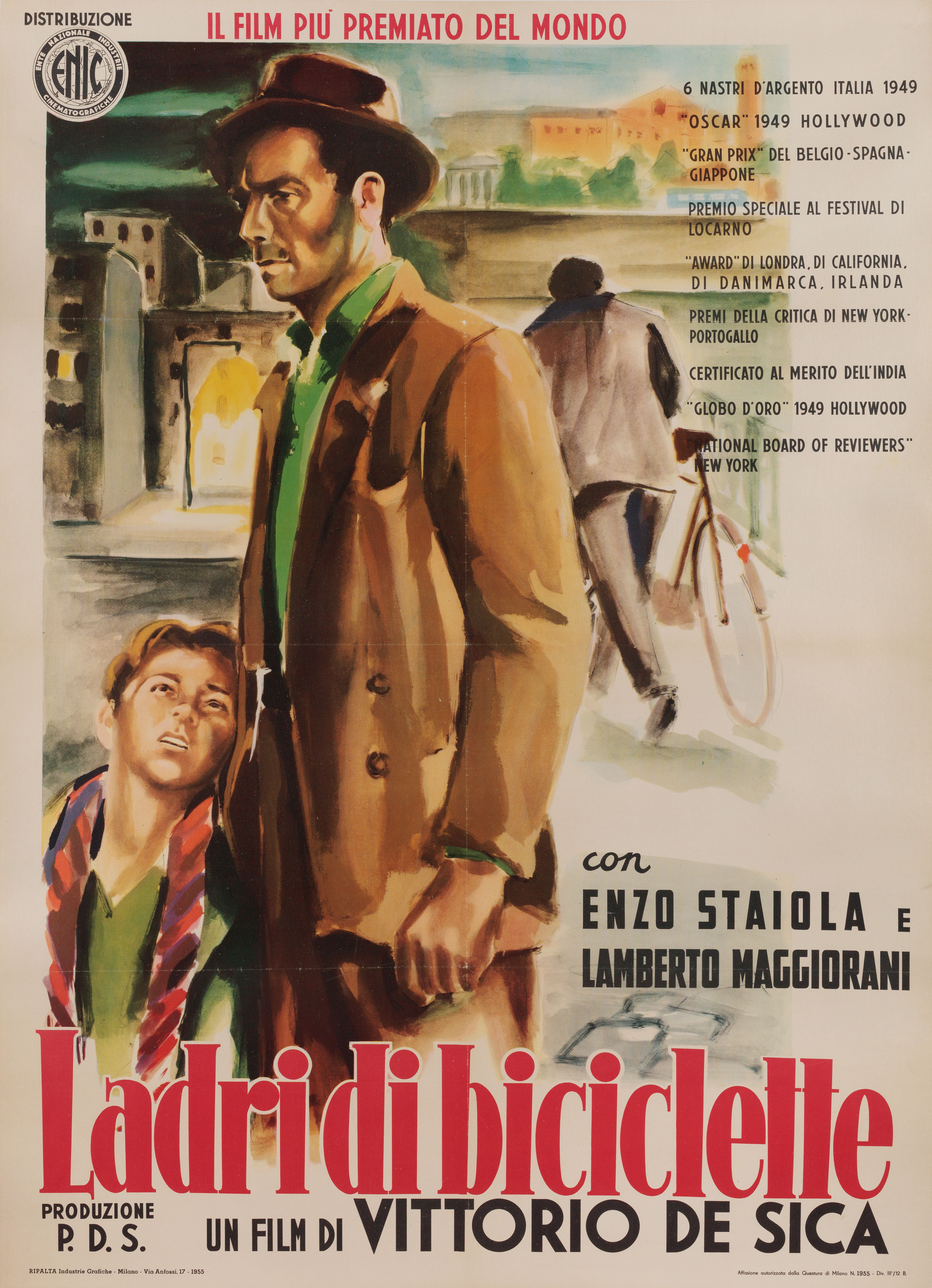 Похитители велосипедов (Bicycle Thieves, 1948), режиссёр Витторио Де Сика, художественный постер к фильму (Италия, 1955 год)