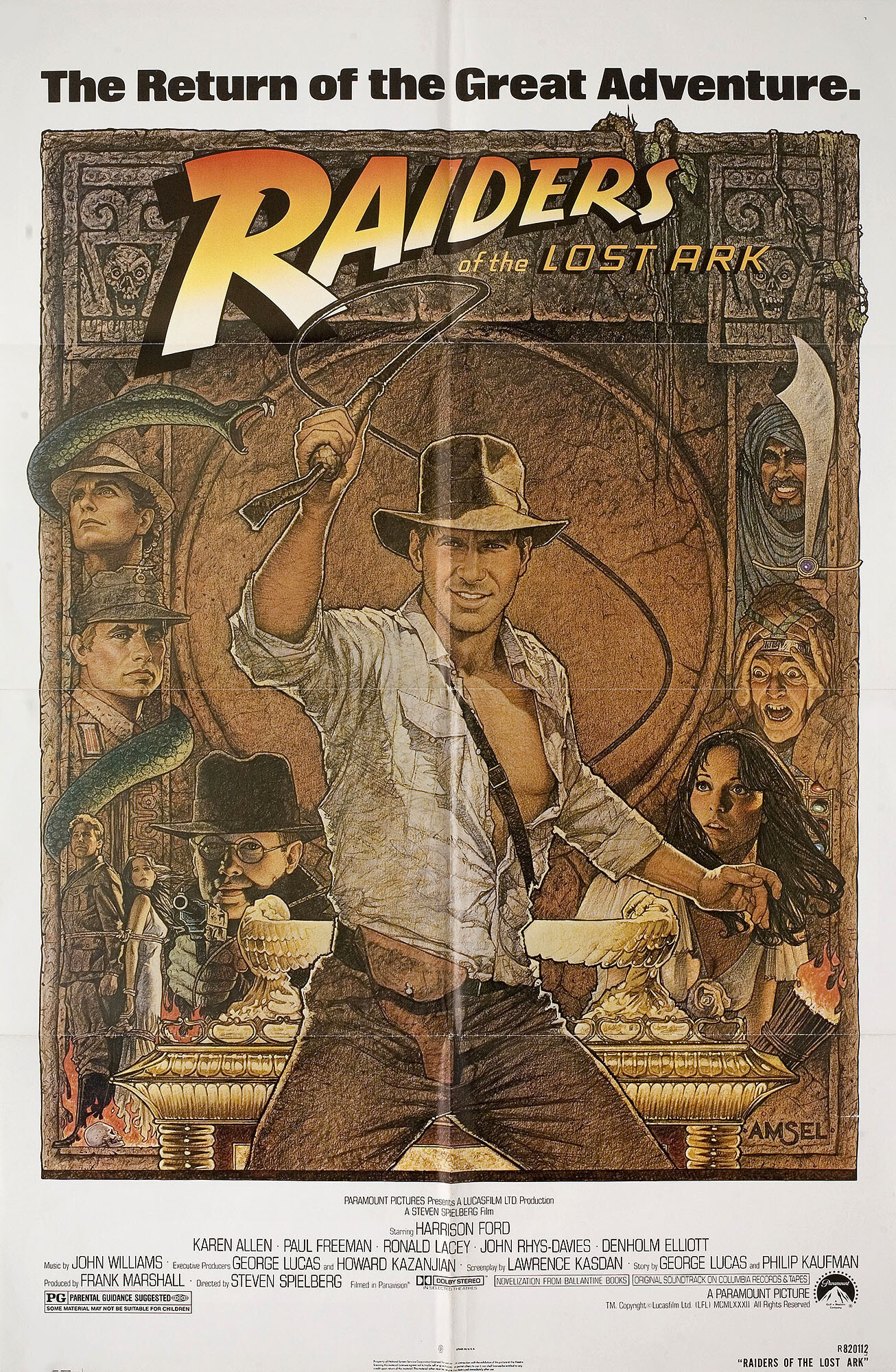 Индиана Джонс: В поисках утраченного ковчега (Raiders of the Lost Ark, 1981), режиссёр Стивен Спилберг, иллюстрированный постер к фильму (США, 1982 год), автор Ричард Амзель