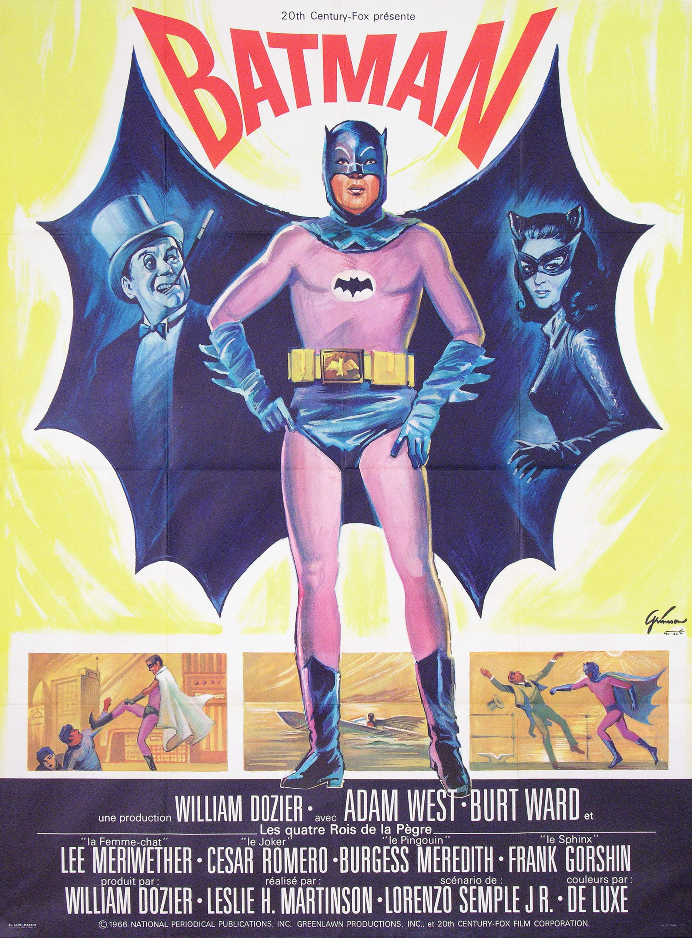 Бэтмен (Batman The Movie, 1966), режиссёр Лесли Х. Мартинсон, художественный постер к фильму (Франция, 1966 год), автор Борис Гринссон