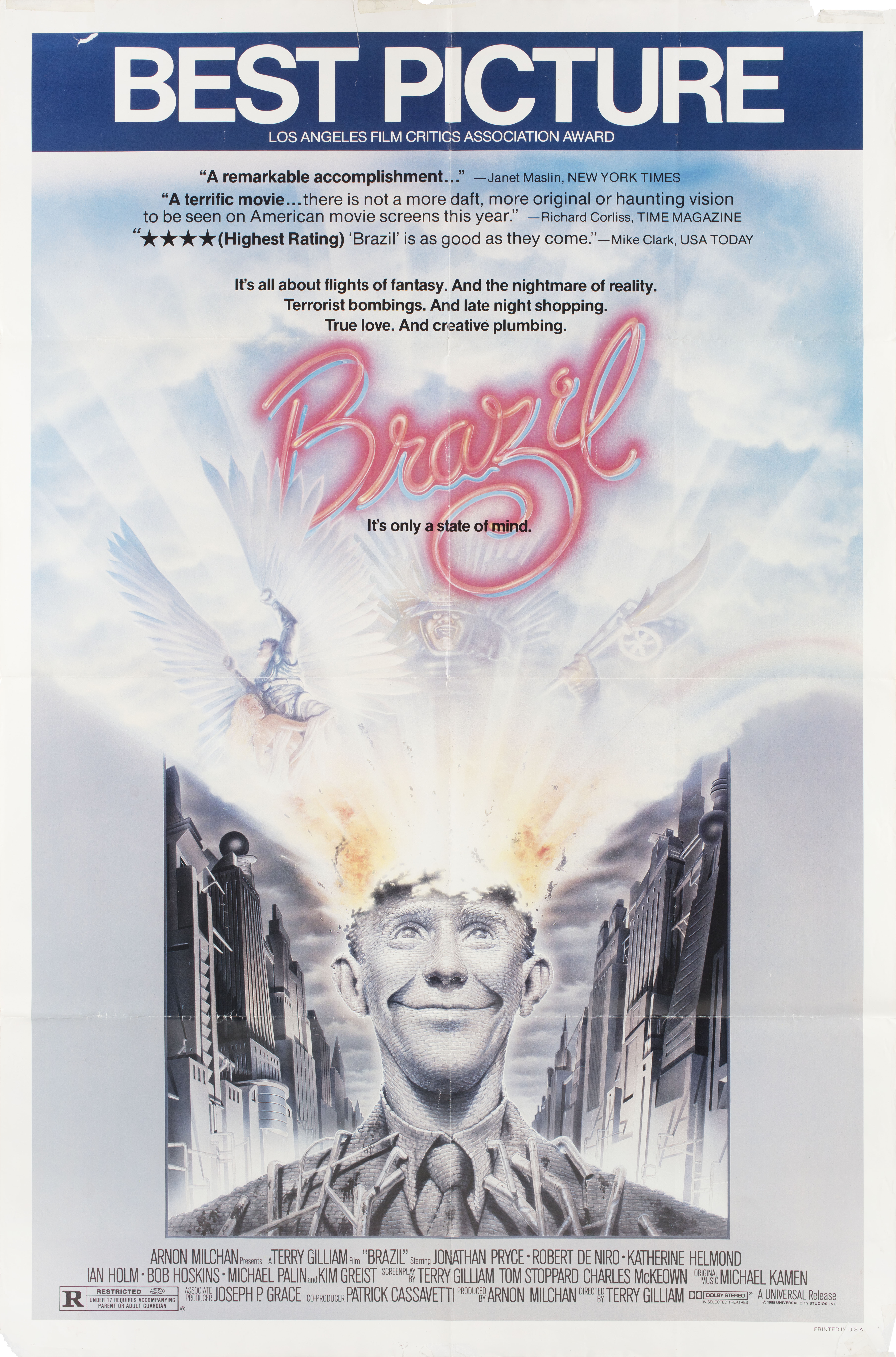 Бразилия (Brazil, 1985), режиссёр Терри Гиллиам, иллюстрированный постер к фильму (США, 1985 год)