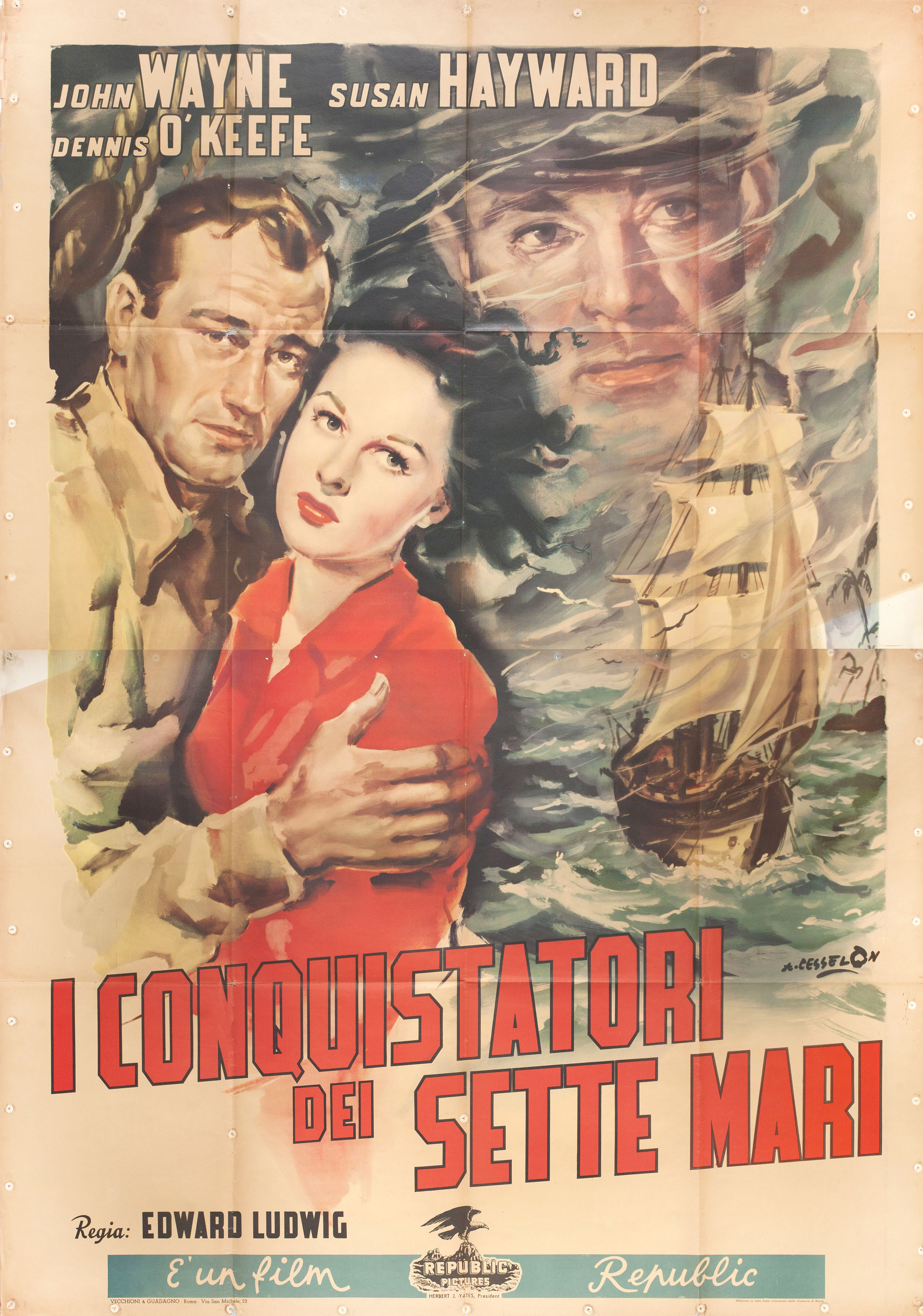 На линии огня (The Fighting Seabees, 1944), режиссёр Эдвард Людвиг, художественный постер к фильму (Италия, 1951 год), автор Анджело Сесселон