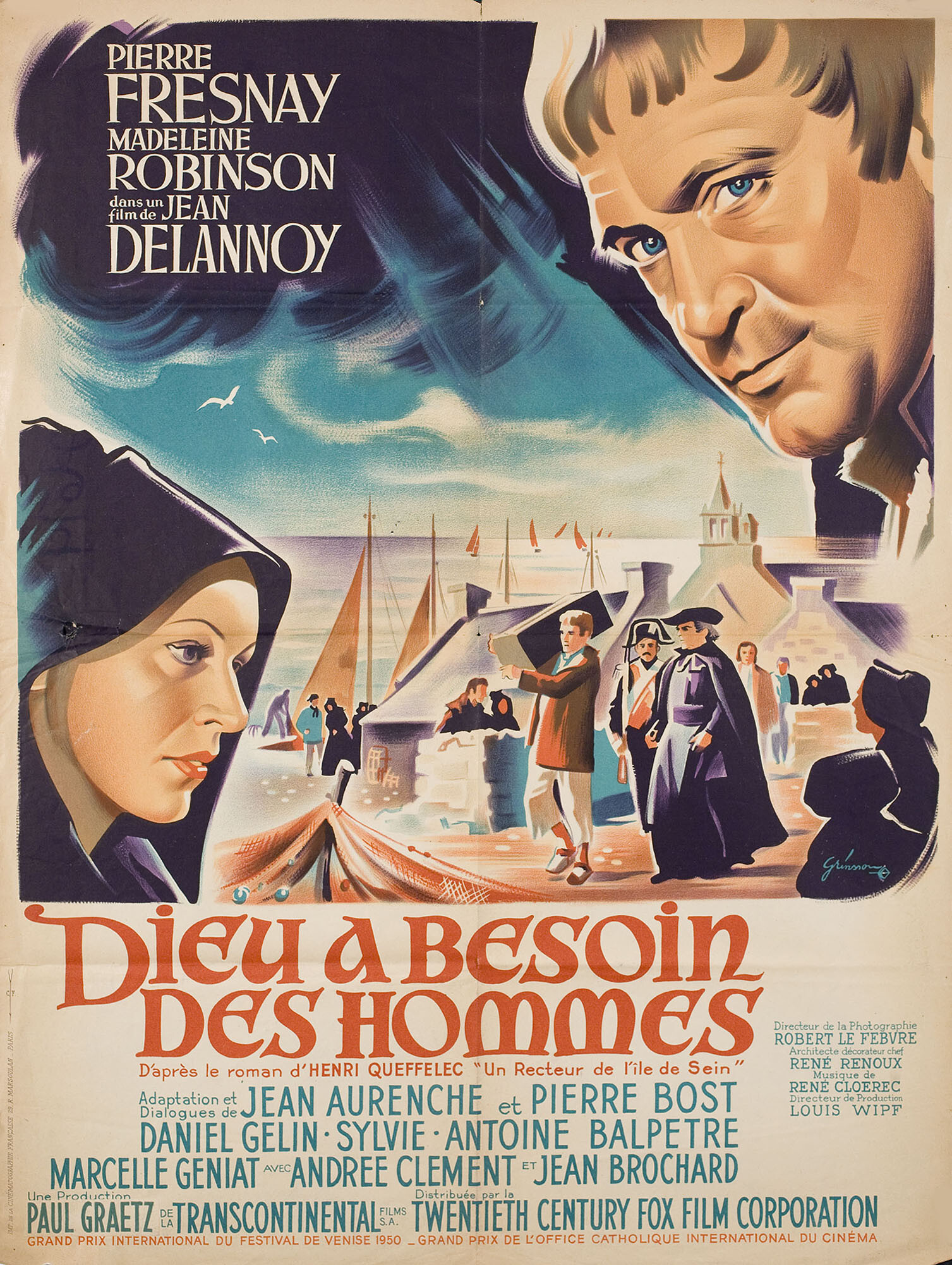 Бог нуждается в людях (God Needs Men, 1950), режиссёр Жан Делануа, художественный постер к фильму (Франция, 1950 год), автор Борис Гринссон