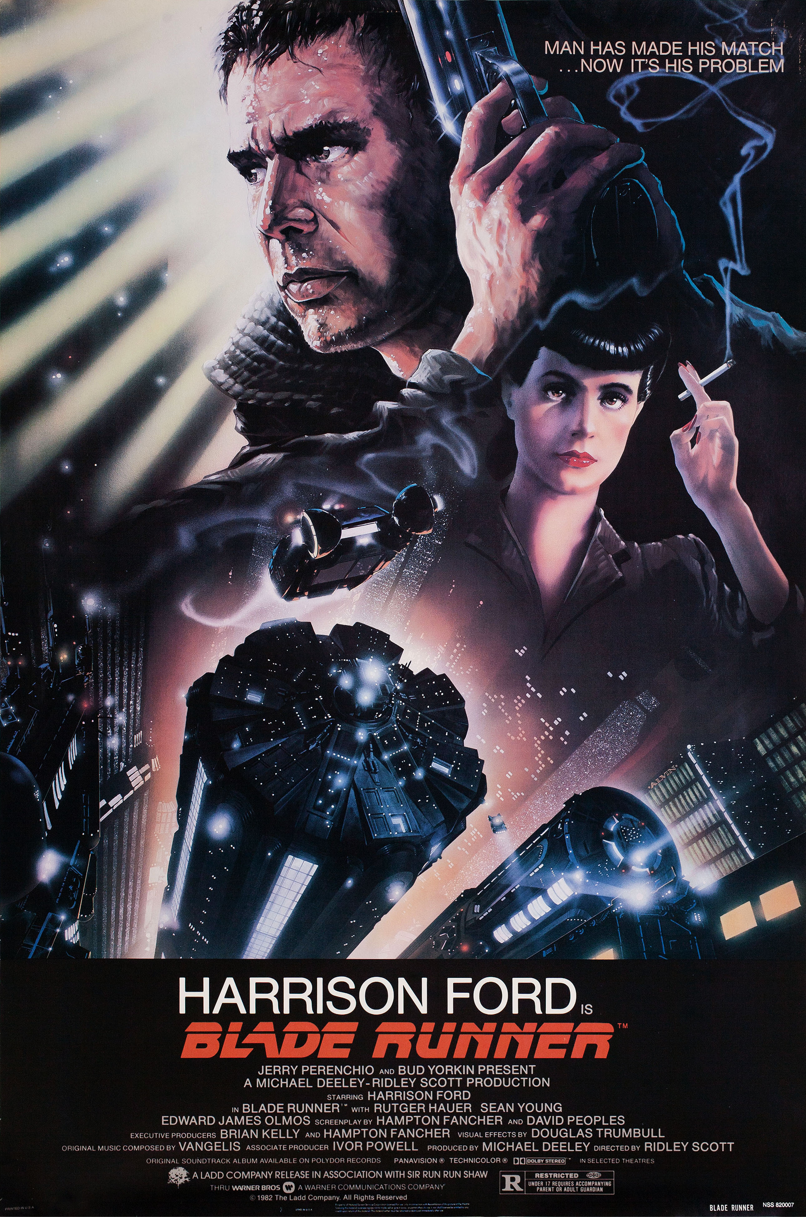 Бегущий по лезвию (Blade Runner, 1982), режиссёр Ридли Скотт, иллюстрированный постер к фильму (США, 1982 год), автор Джон Элвин