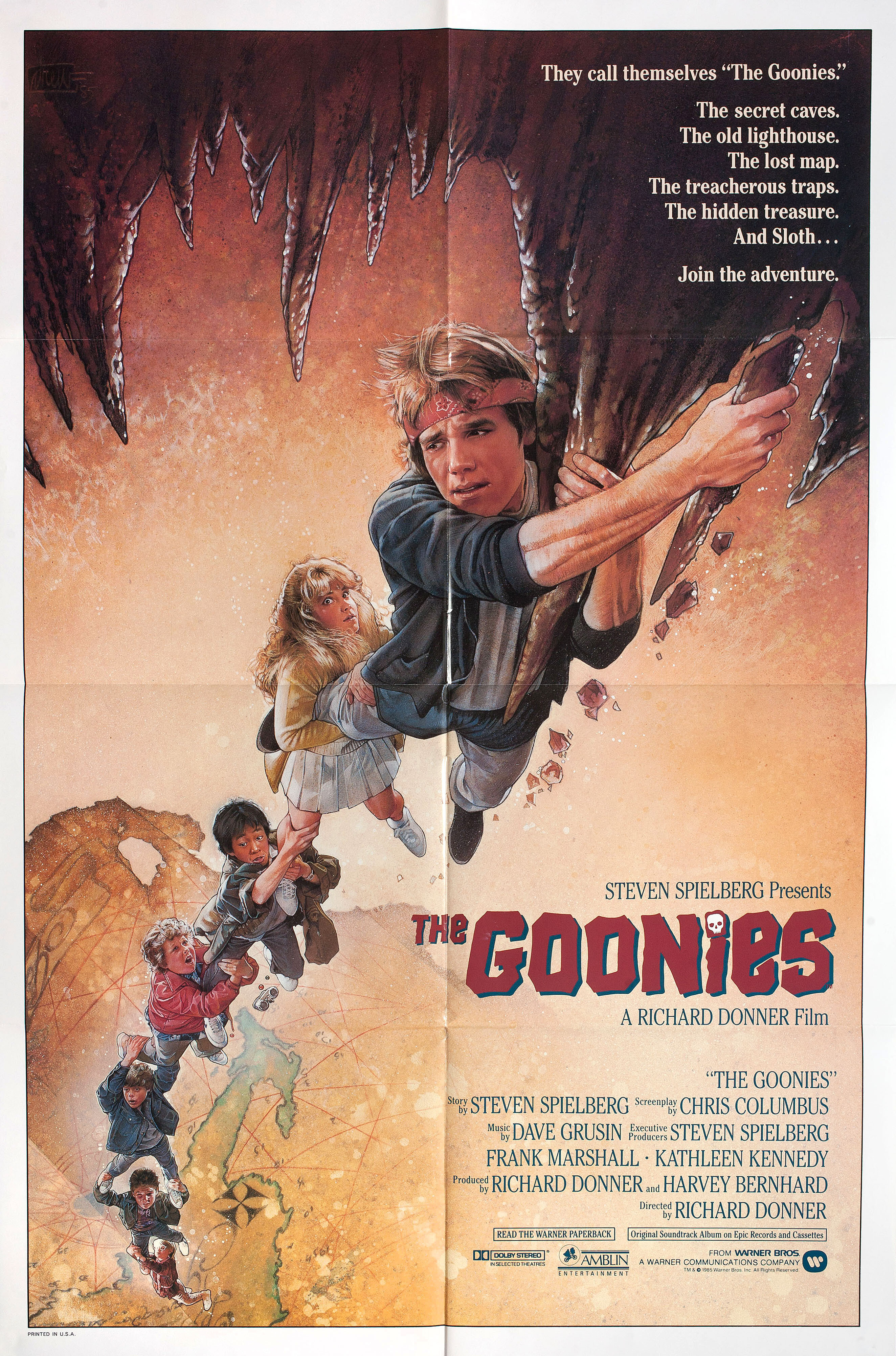 Балбесы (The Goonies, 1985), режиссёр Ричард Доннер, иллюстрированный постер к фильму (США, 1985 год)