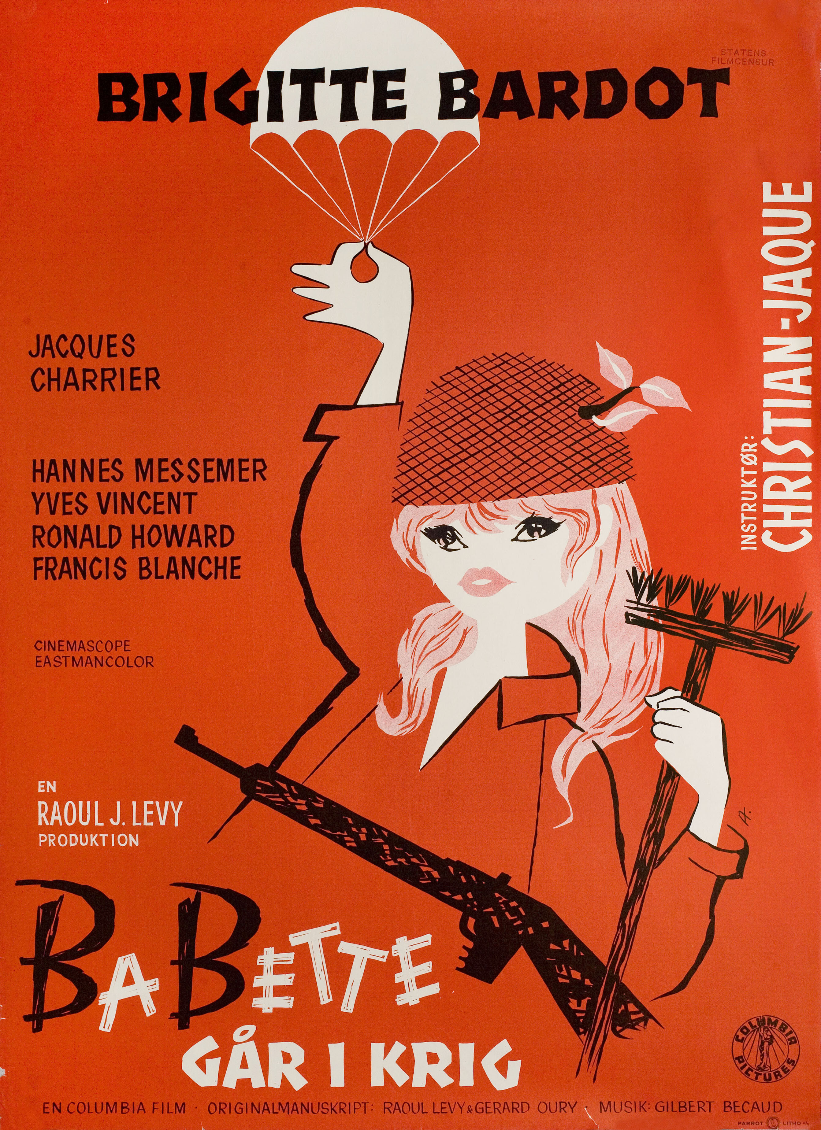 Бабетта идет на войну (Babette Goes to War, 1959), режиссёр Кристиан-Жак, иллюстрированный постер к фильму (Дания, 1960 год)