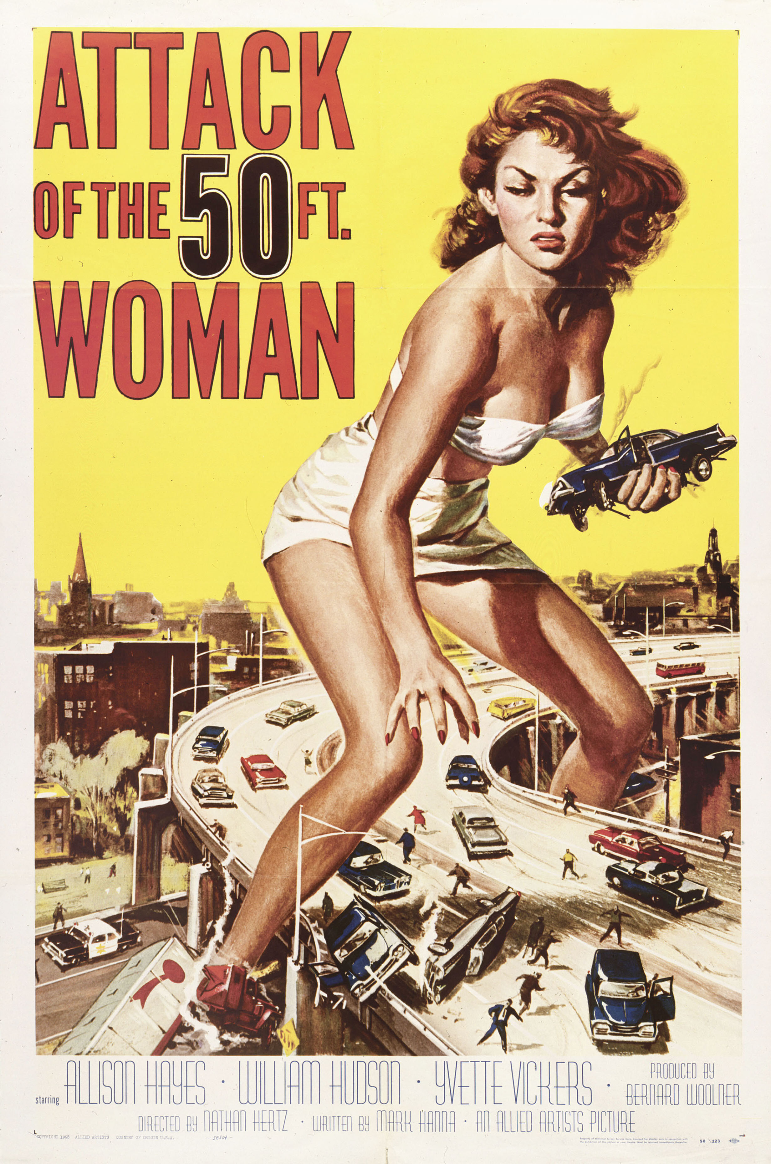 Атака 50-футовой женщины (Attack of the 50 Foot Woman, 1958), режиссёр Натан Джуран, художественный постер к фильму (США, 1958 год), автор Рейнольд Браун