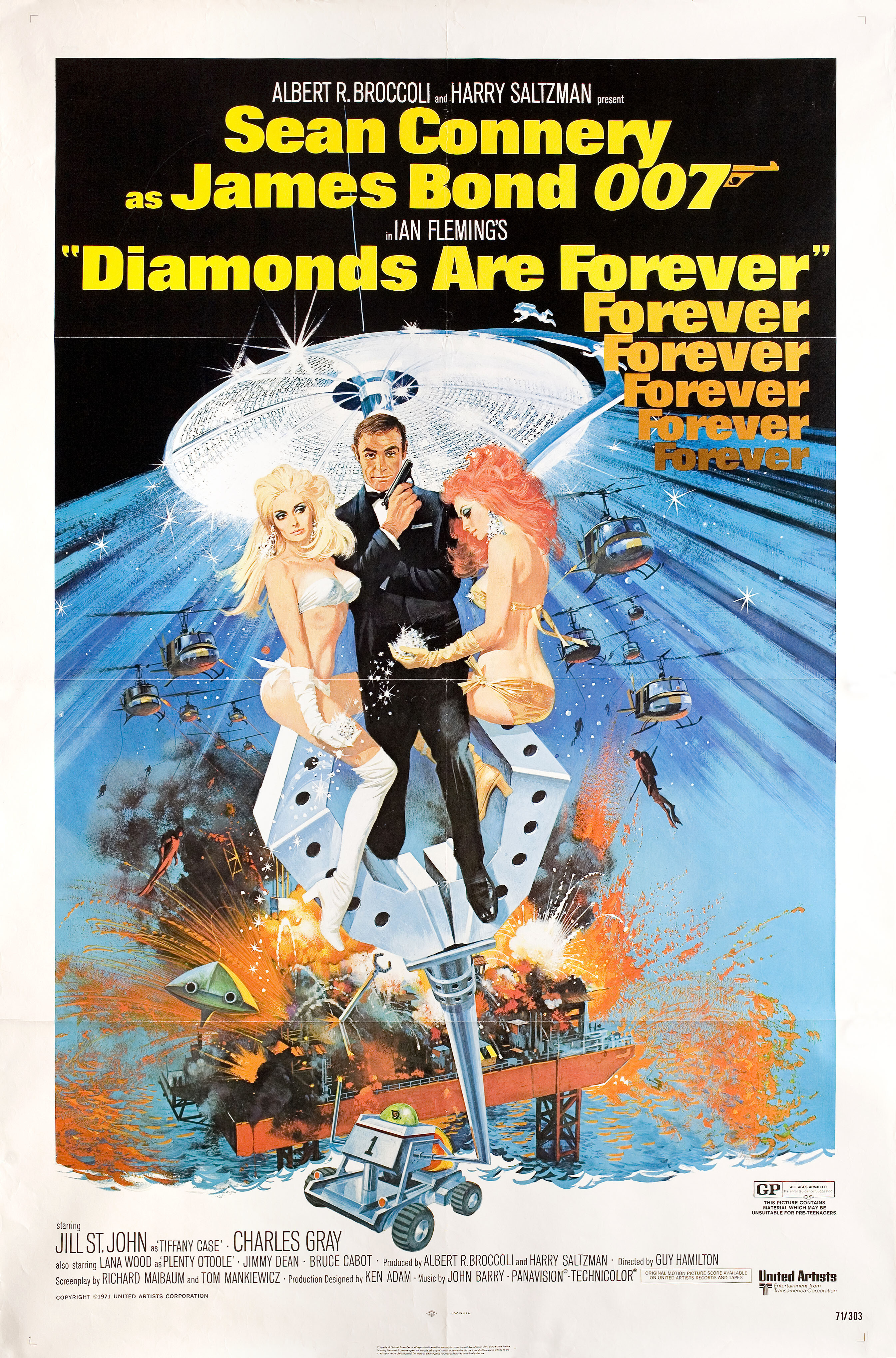 Бриллианты навсегда (Diamonds Are Forever, 1971), режиссёр Гай Хэмилтон, художественный постер к фильму (США, 1971 год), автор Роберт МакГиннис