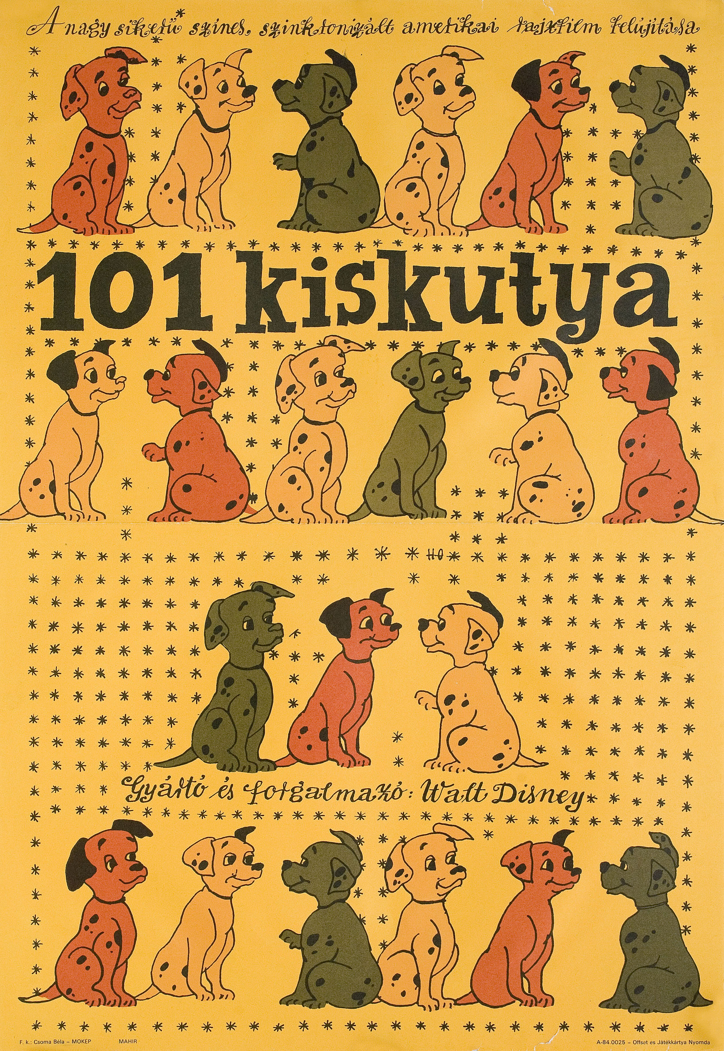 101 далматинец (101 Dalmatians, 1961), режиссёр Клайд Джероними, иллюстрированный постер к фильму (Венгрия, 1984 год), автор Габриэлла Хайнал